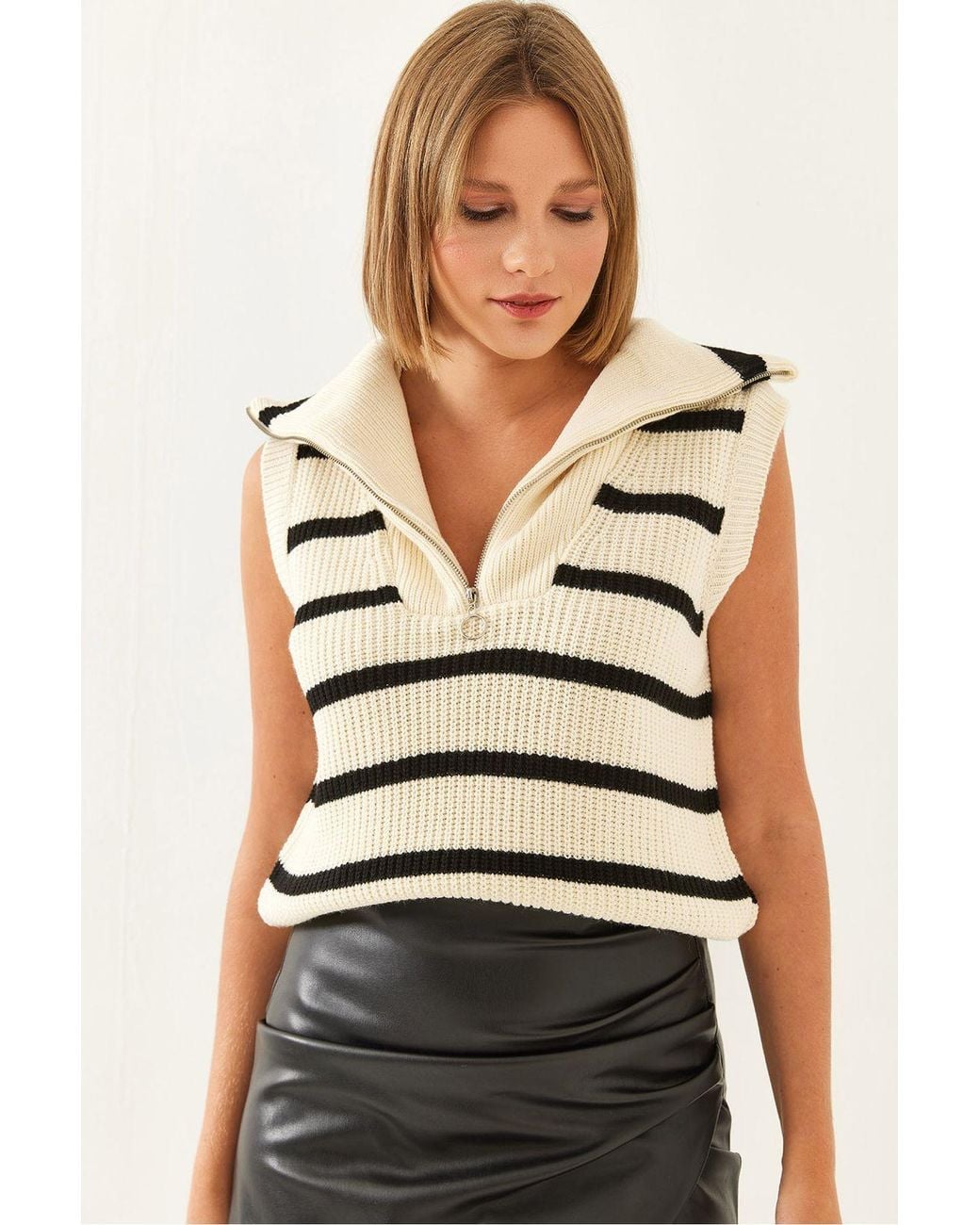 Bianco Lucci Natural Striped Knitwear Sweater Vest With Zipper Collar