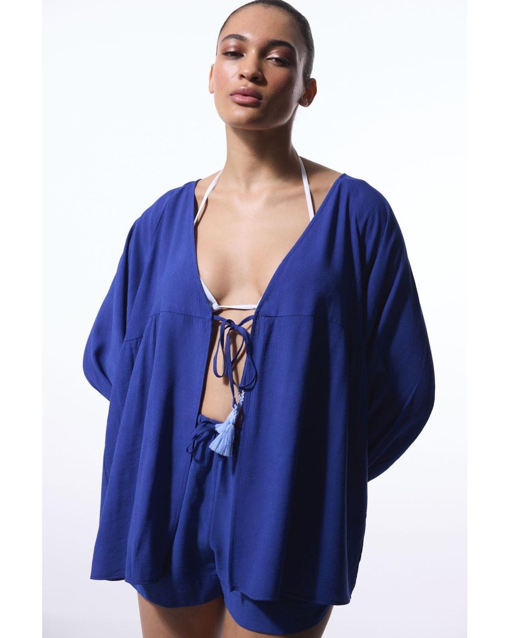 Penti Blue Solid Midi Woven Kimono With Tassel Tie