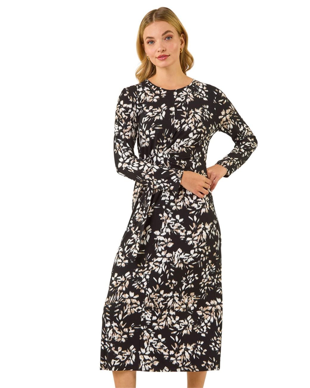 D.u.s.k Black Printed Stretch Midi Dress
