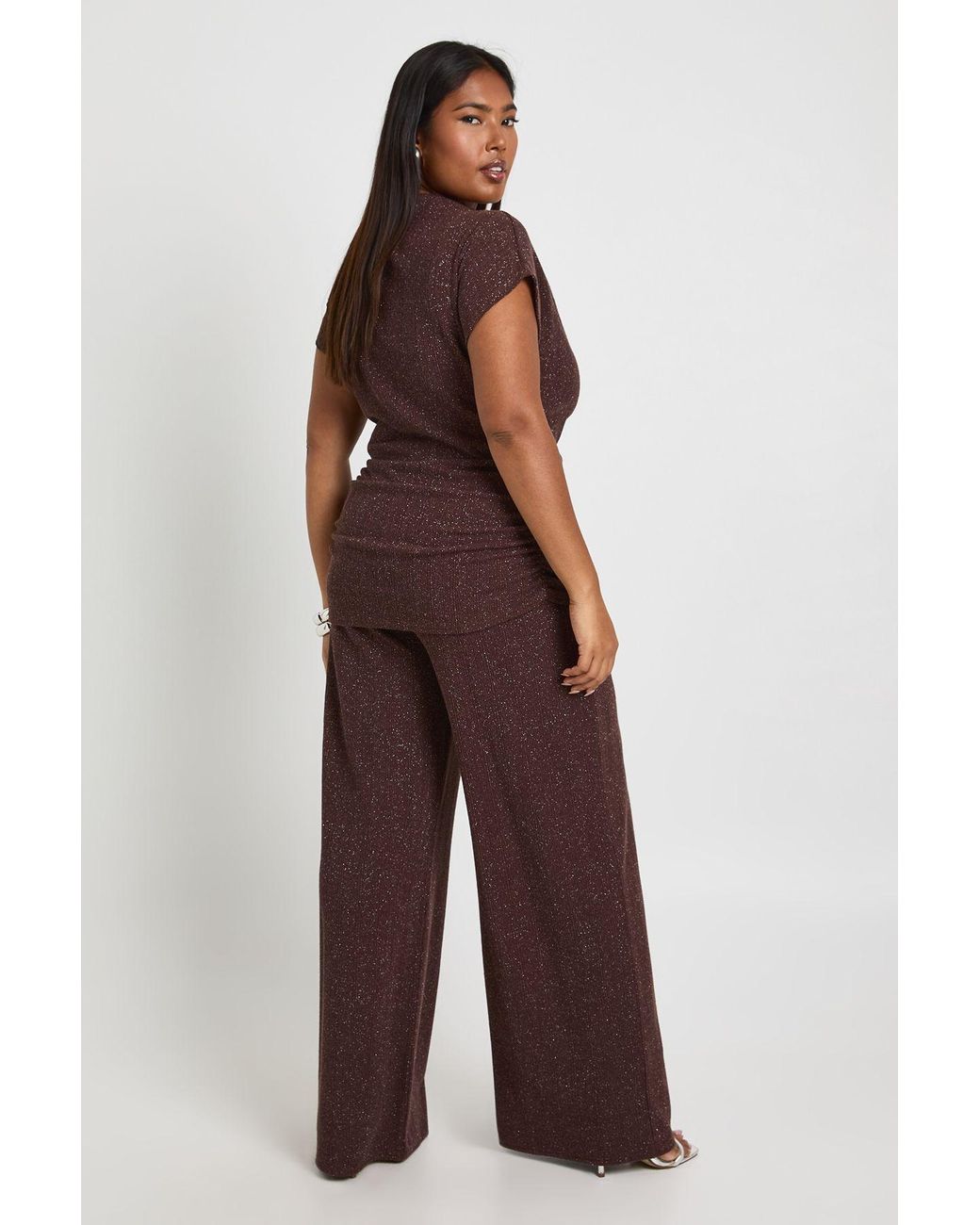 Boohoo Brown Plus Glitter Rib Wide Leg Trouser