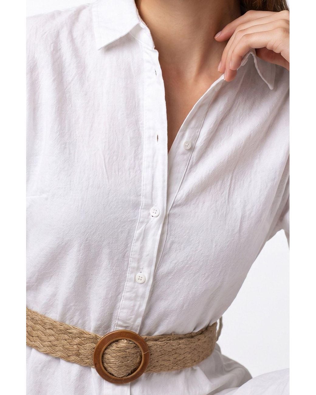MixRay White Belted Cotton Poplin Midi Shirt Dress