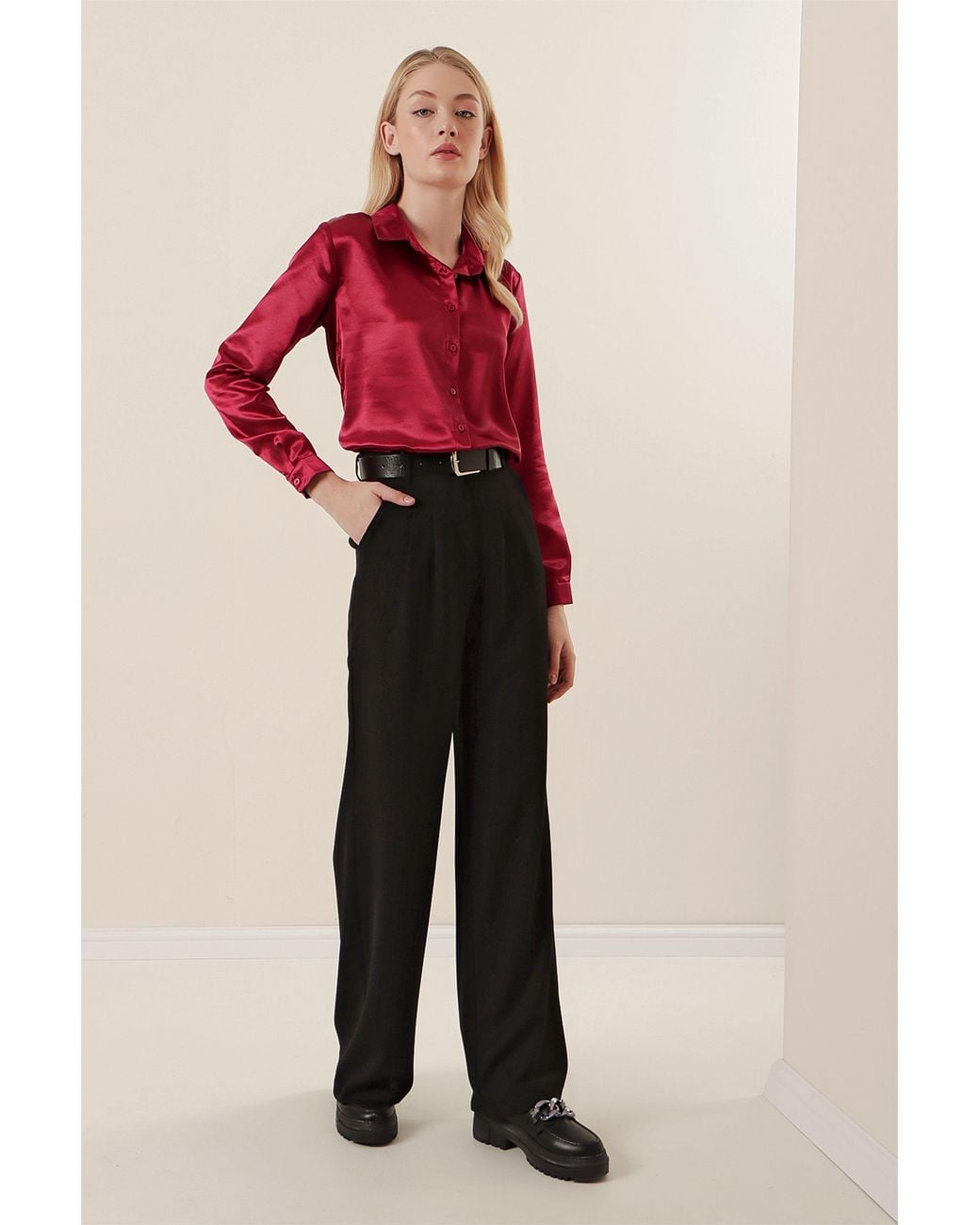 Bigdart Red Satin Long Sleeve Button Up Shirt