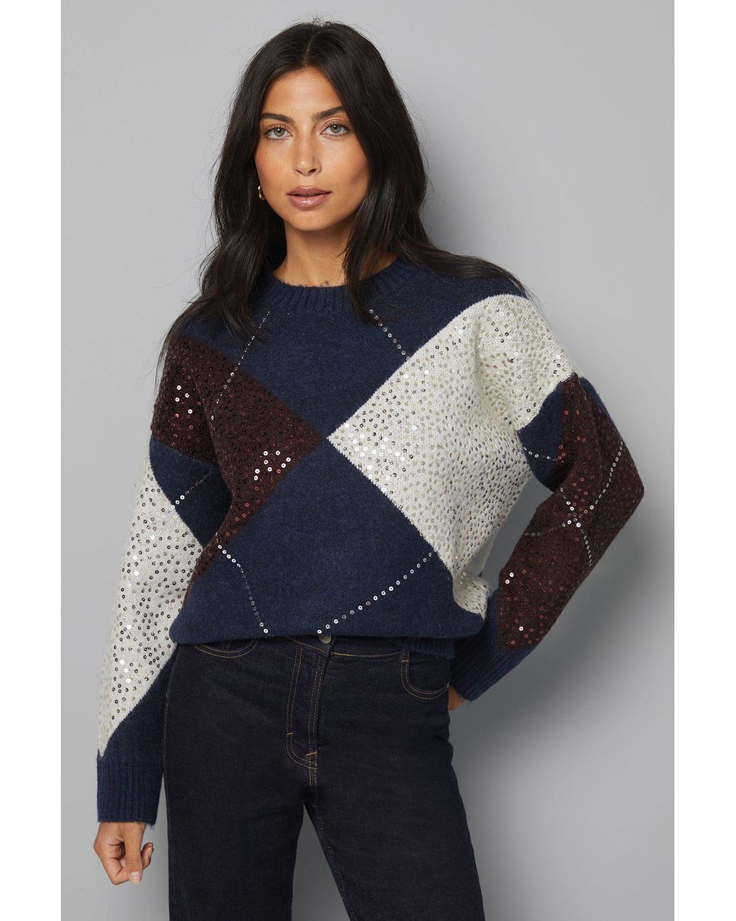 Wallis Blue Oversized Argyle Jumper