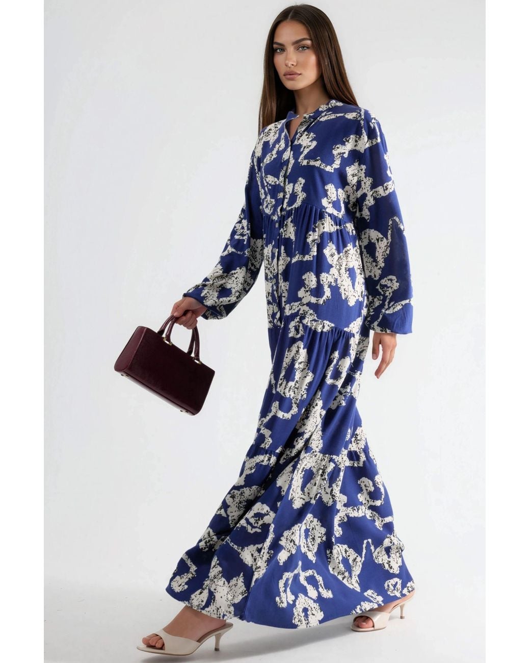 Hiccup Blue V-Neck Patterned Maxi Dress With Buttons