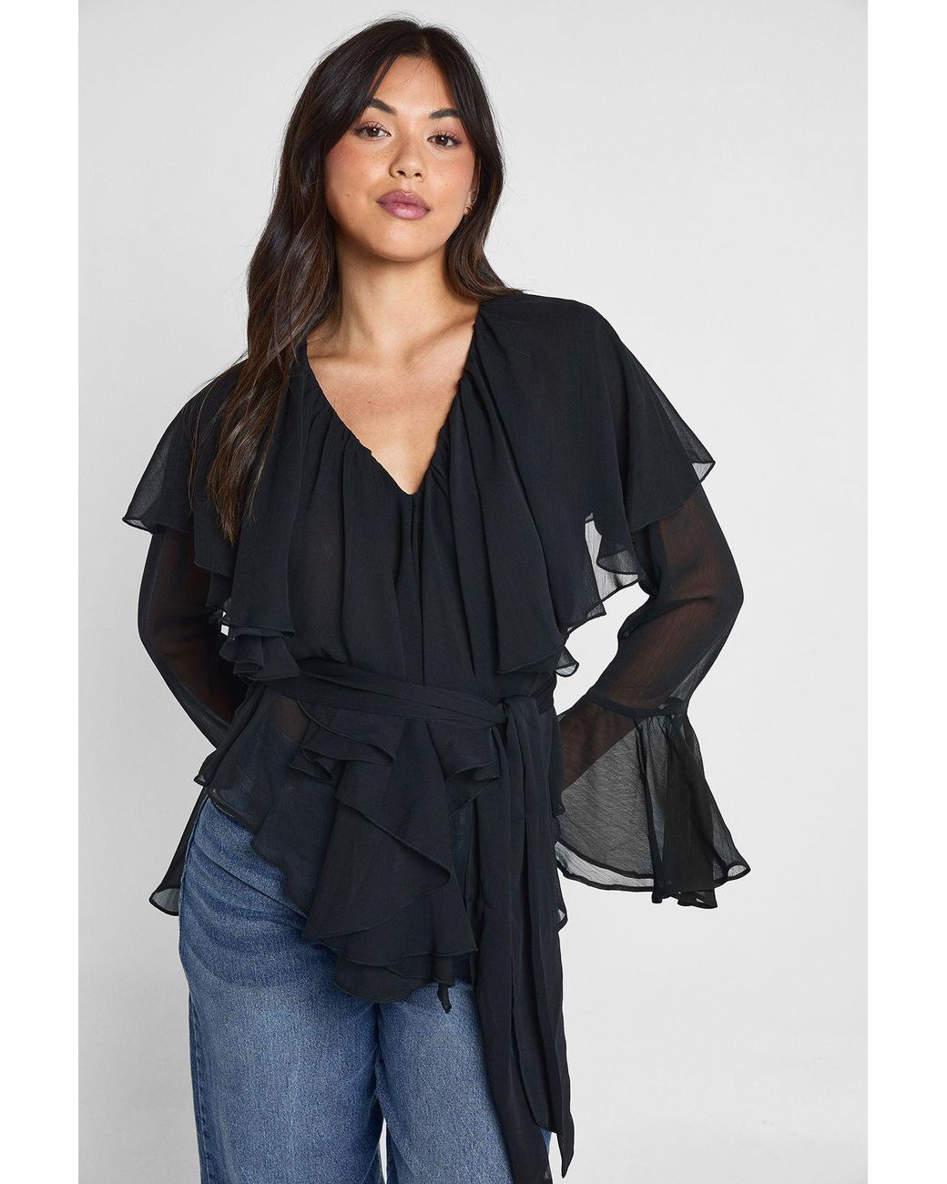 Boohoo Black Chiffon Ruffle Tie Waist Blouse