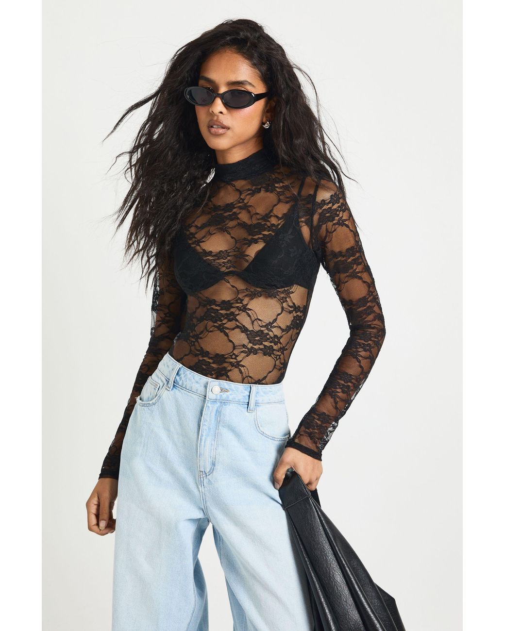Boohoo Black Lace High Neck Long Sleeve One Piece