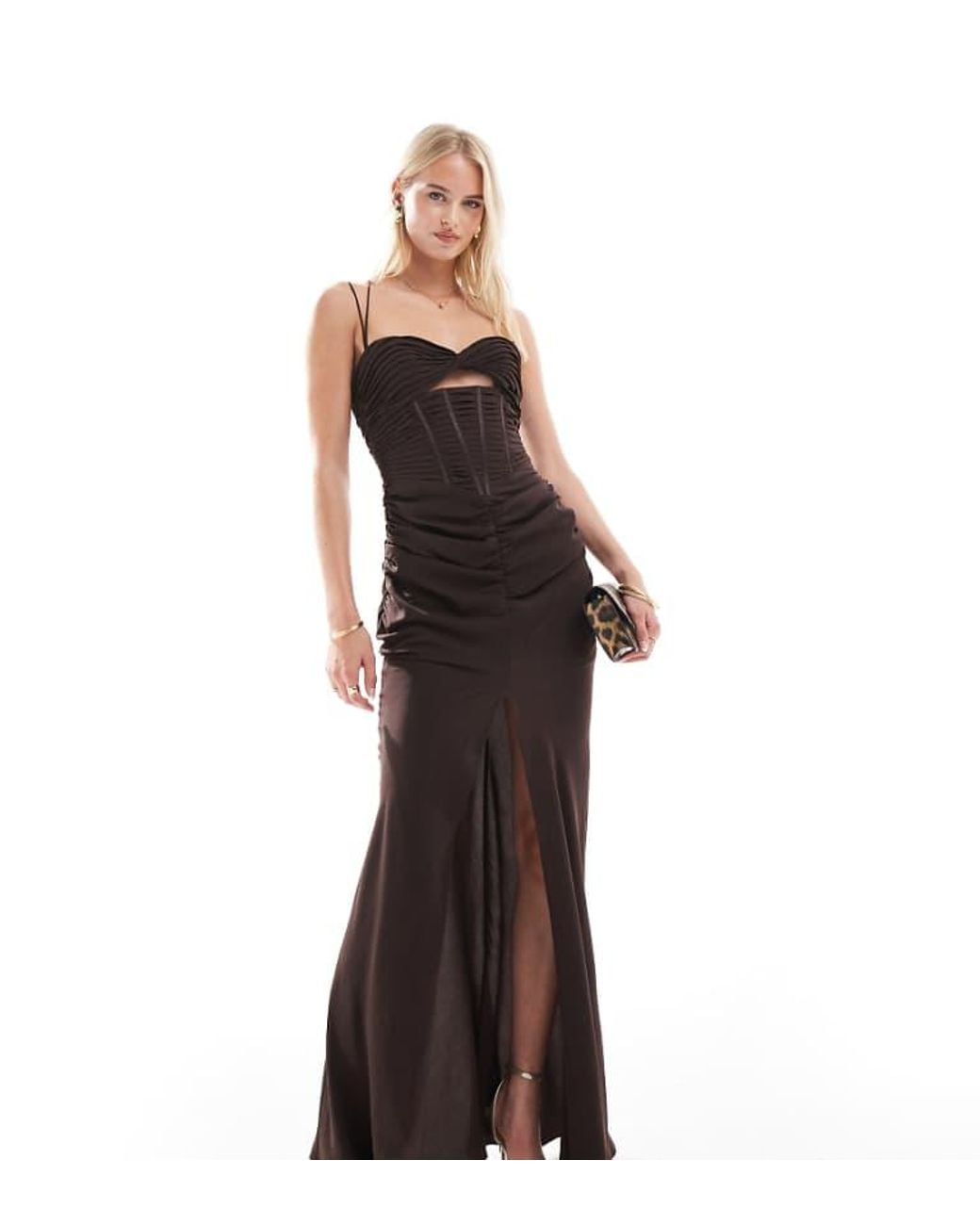 ASOS Brown Design Ruched Corset Maxi Dress With Ruffle Skirt And Strap Details
