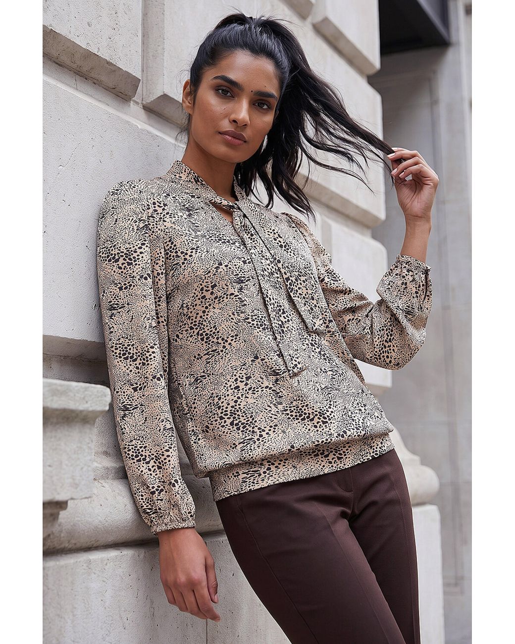 Roman Gray Tie Neck Animal Top
