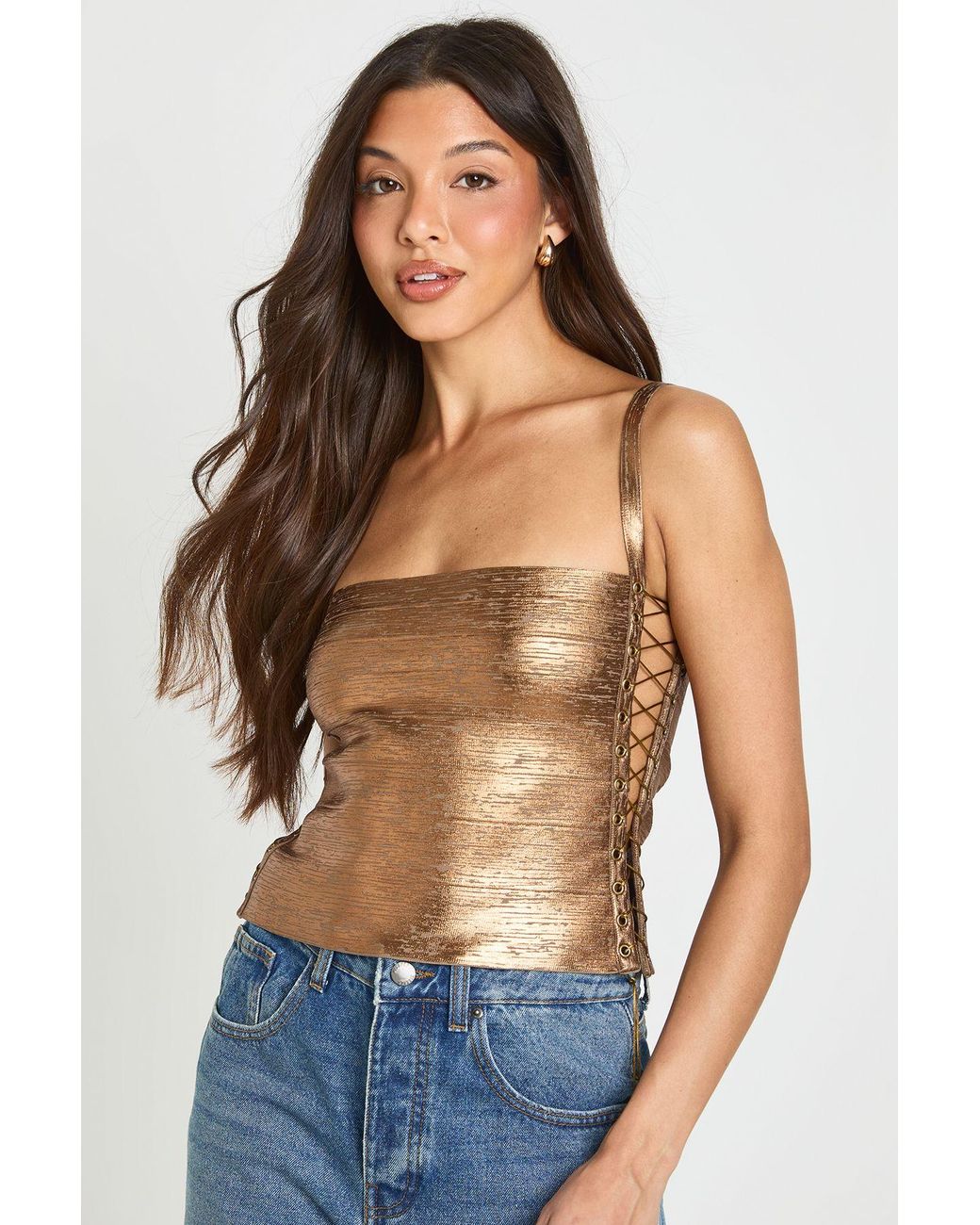 Boohoo Blue Metallic Bandage Lace Up Corset Top