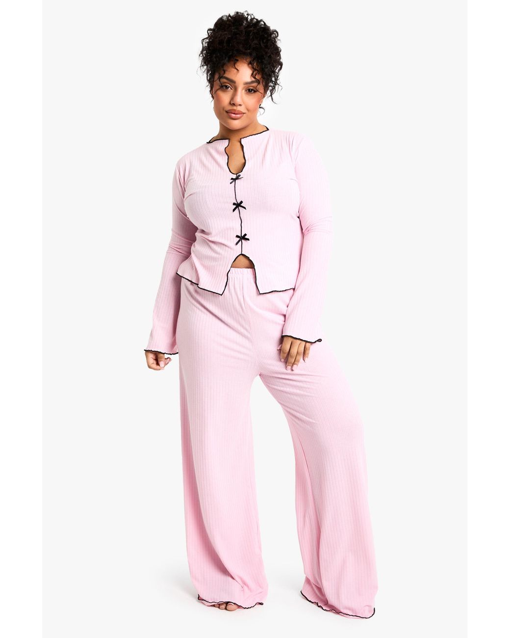 Boohoo Plus Rib Contrast Bow Pj Top Trouser Pj Set in Pink Lyst UK