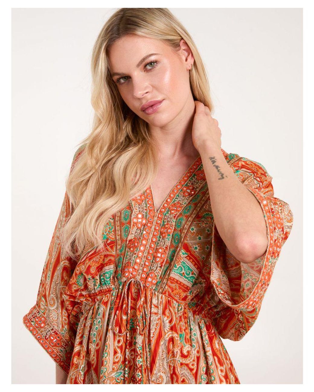 Blue Vanilla Orange Embellished Kimono Midi Dress