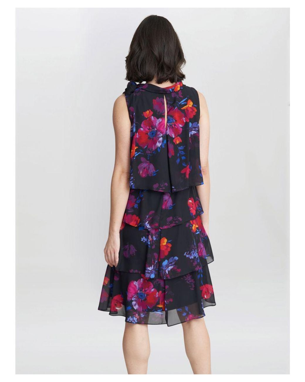 Gina Bacconi Blue Neesha Sleeveless Printed Tiered Dress With Tie Neck
