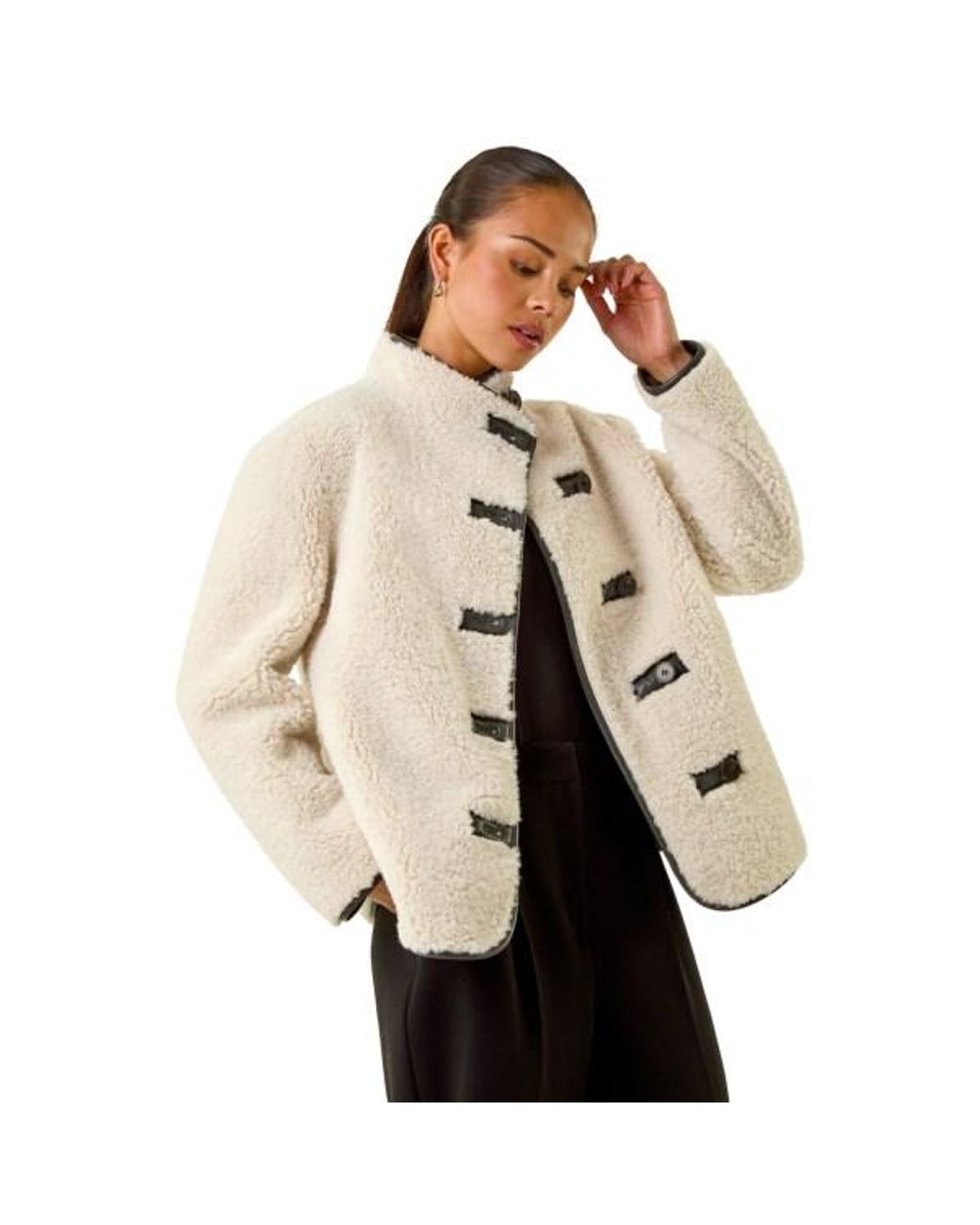Roman Natural Petite Borg Contrast Button Coat