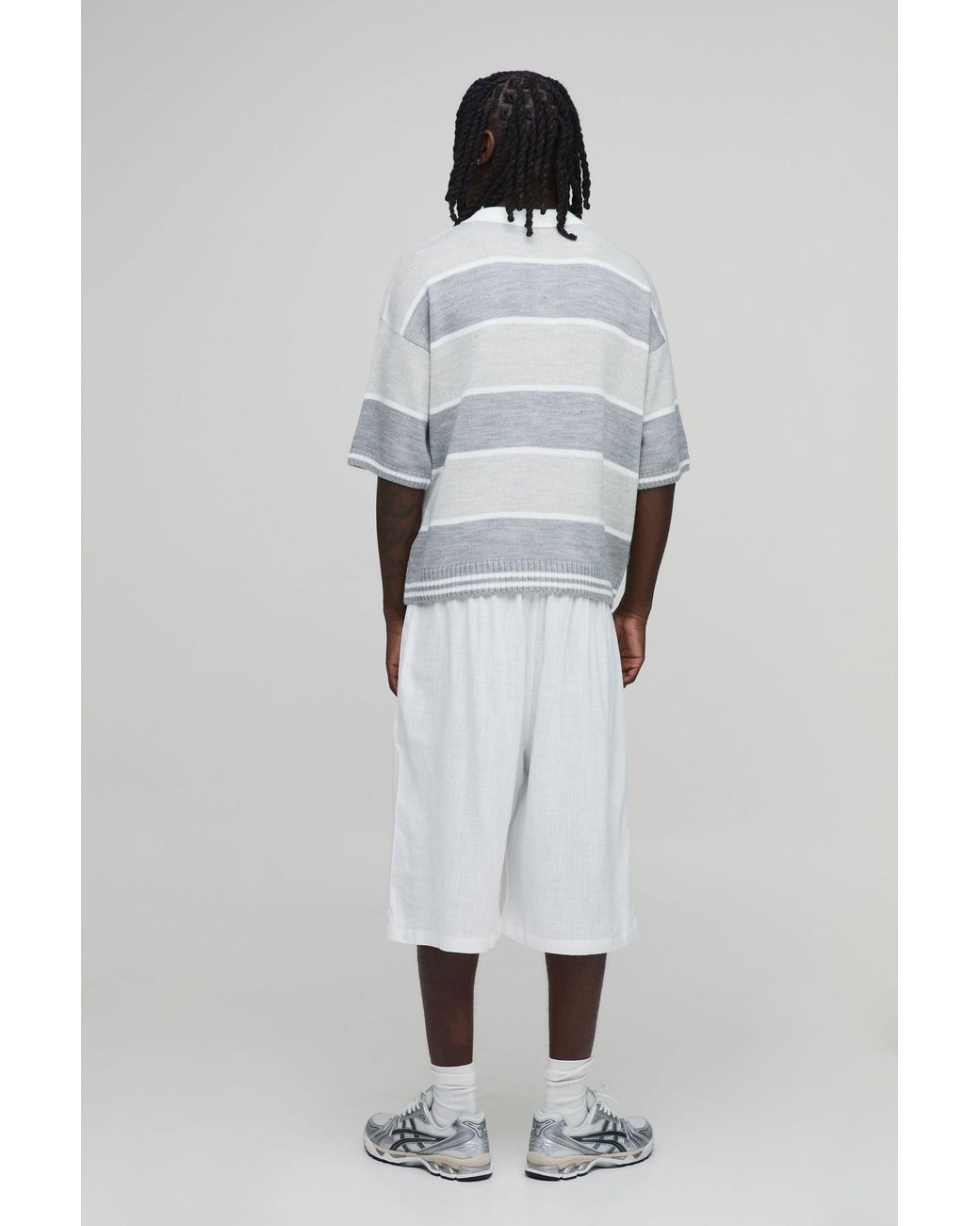 BoohooMAN Gray Oversized Varsity Striped Embroidered Knitted Polo for men