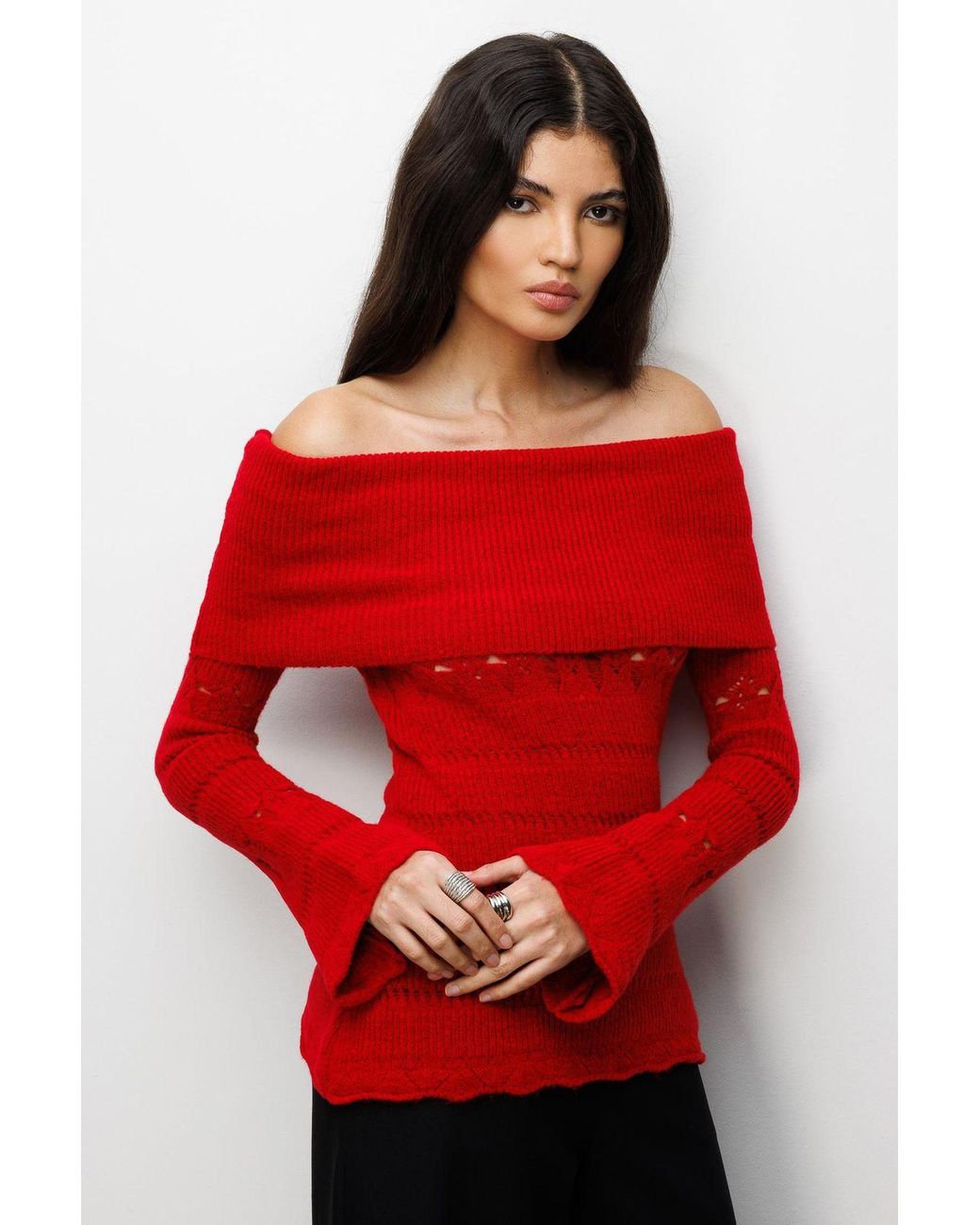 MixRay Off Shoulder Textured Ribbed Sweater With Cut Out Details