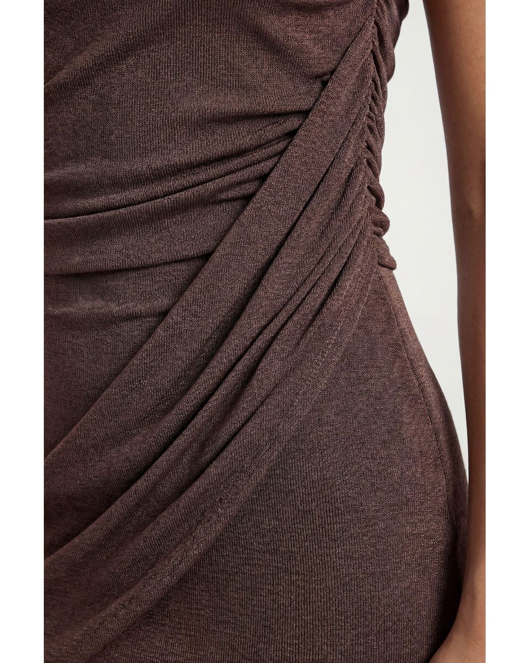 Boohoo Brown Acetate Slinky One Shoulder Drape Front Mini Dress