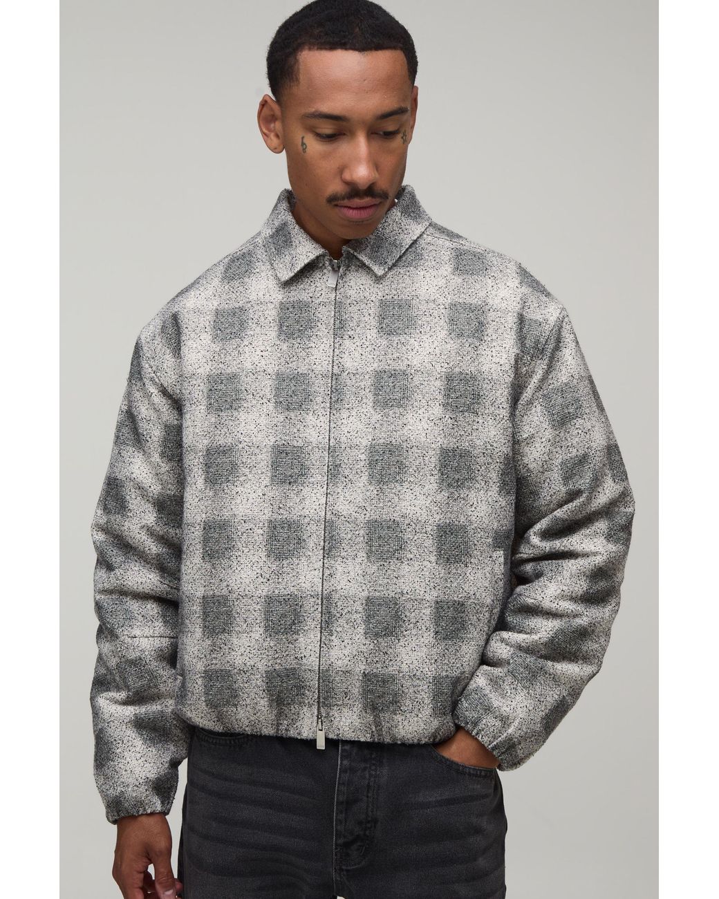 BoohooMAN Gray Boxy Fit Textured Harrington Jacket for men