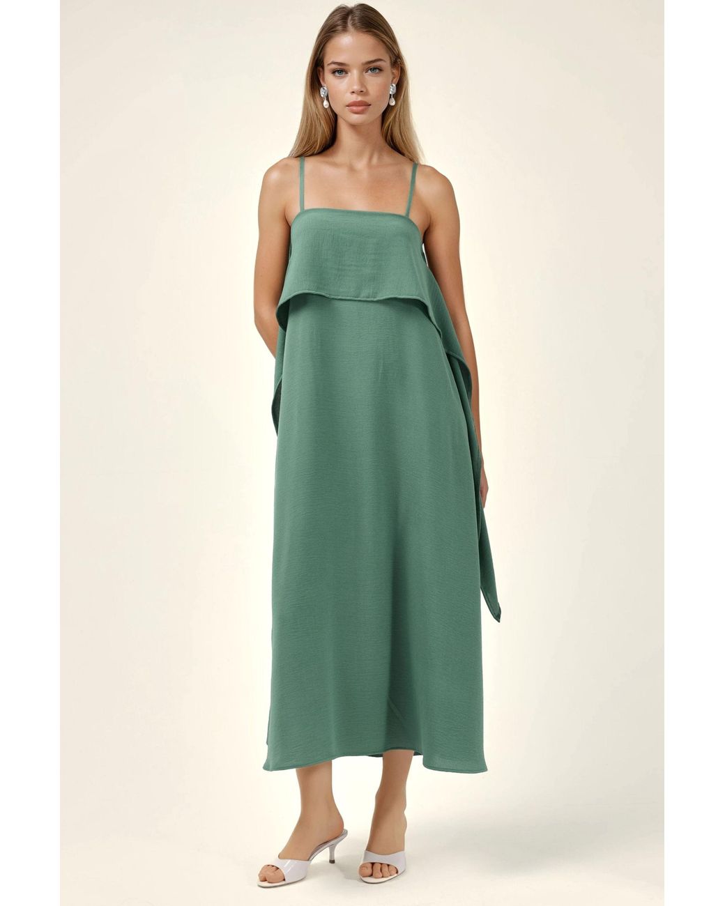 Hiccup Green Square Collar Layered Spaghetti Strap Maxi Dress