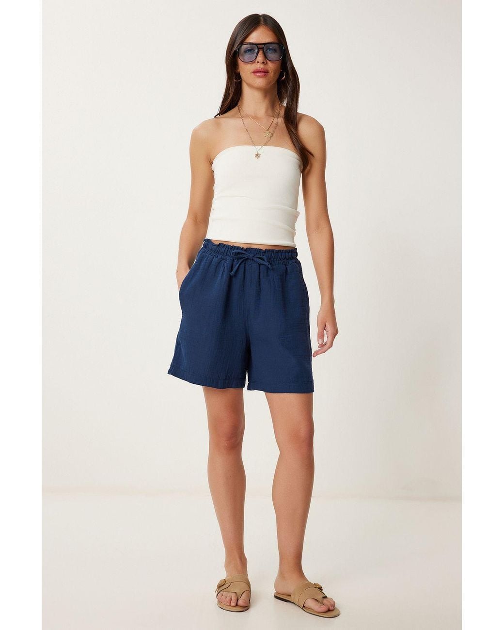 Happiness İstanbul Blue High Waist Wide Leg Cotton Shorts