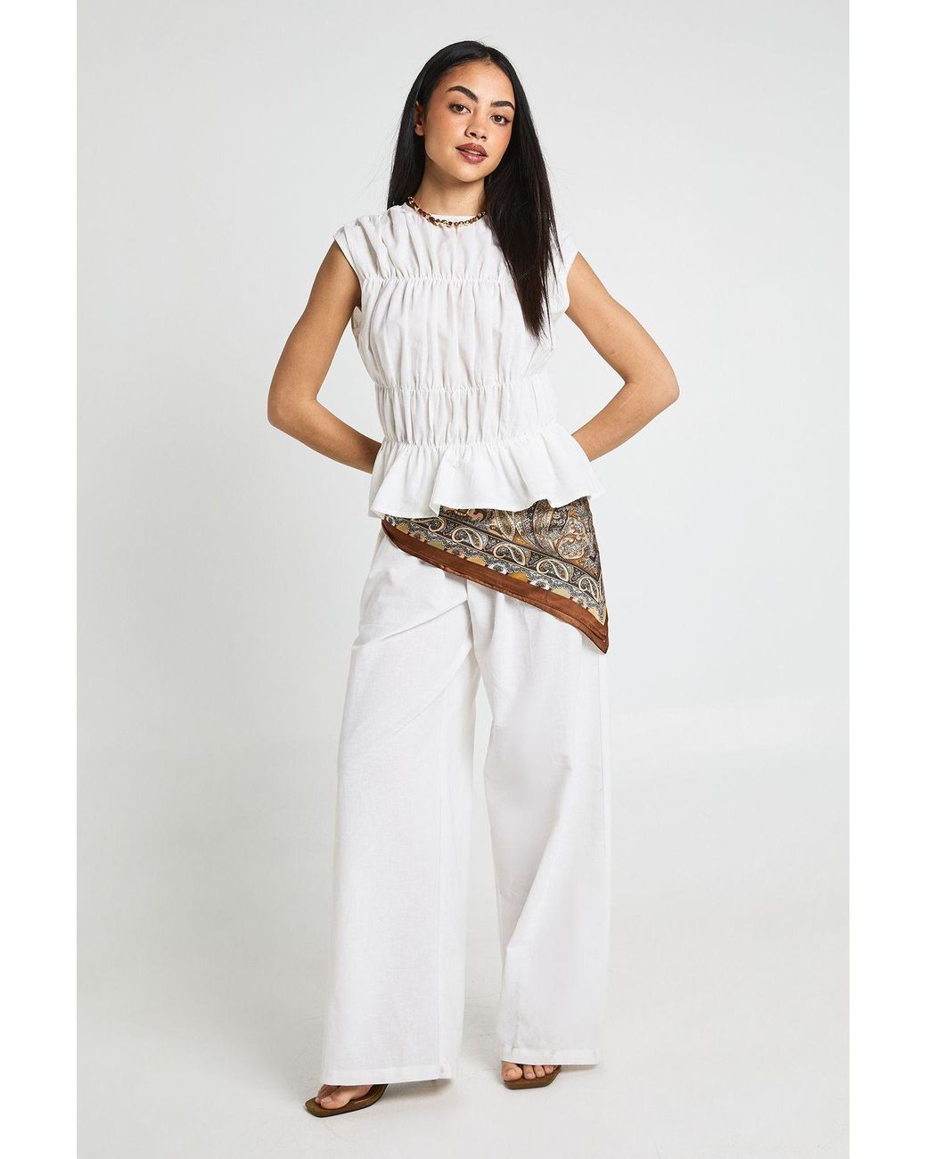 Boohoo White Linen Look Shirred Top & Wide Leg Trouser Co-Ord