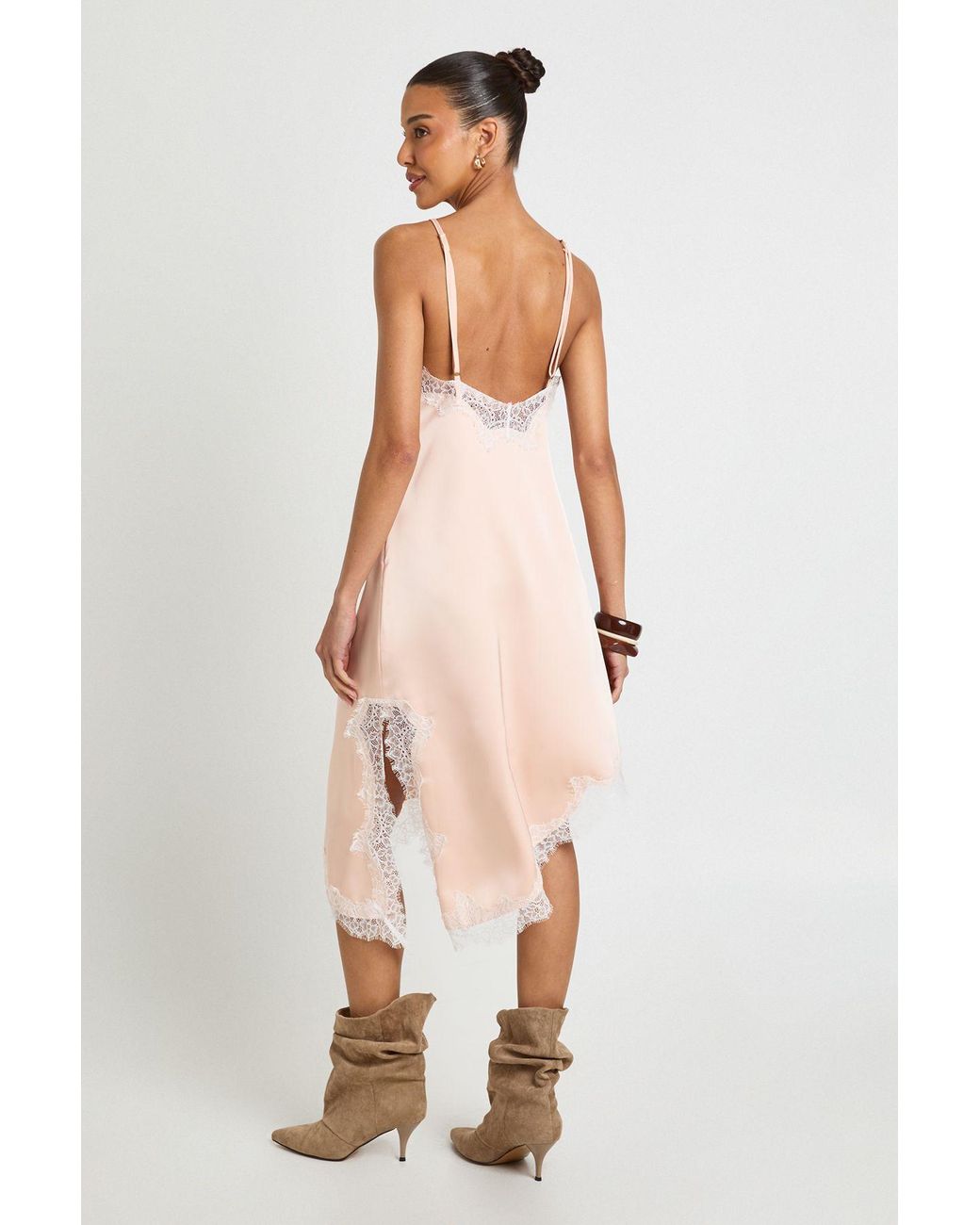 Boohoo White Satin Asym Hem Midi Dress With Contrast Lace