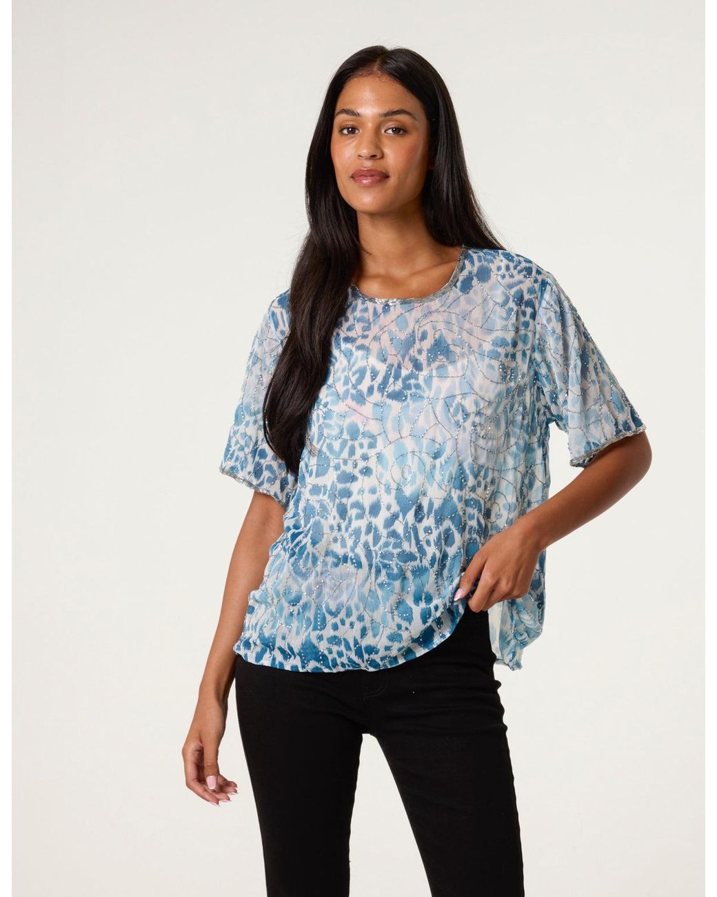 Blue Vanilla Blue Embellished Chiffon Top