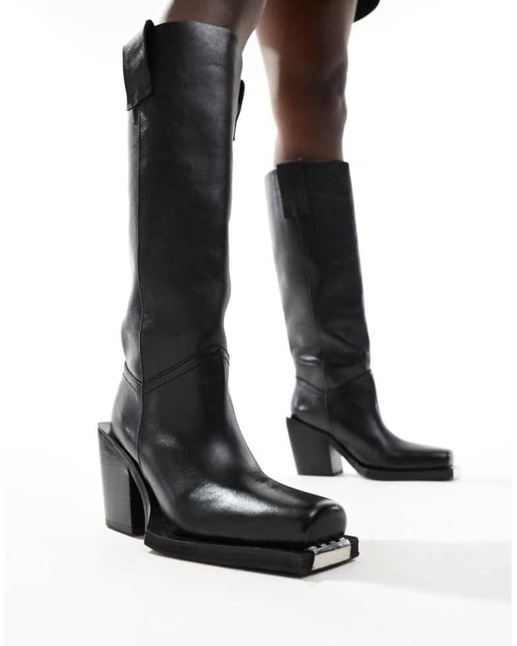 ASOS Black Celia Leather Western Pull On Boots