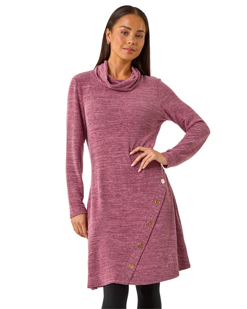 Roman Red Petite Soft Marl Buttoned Cowl Neck Dress