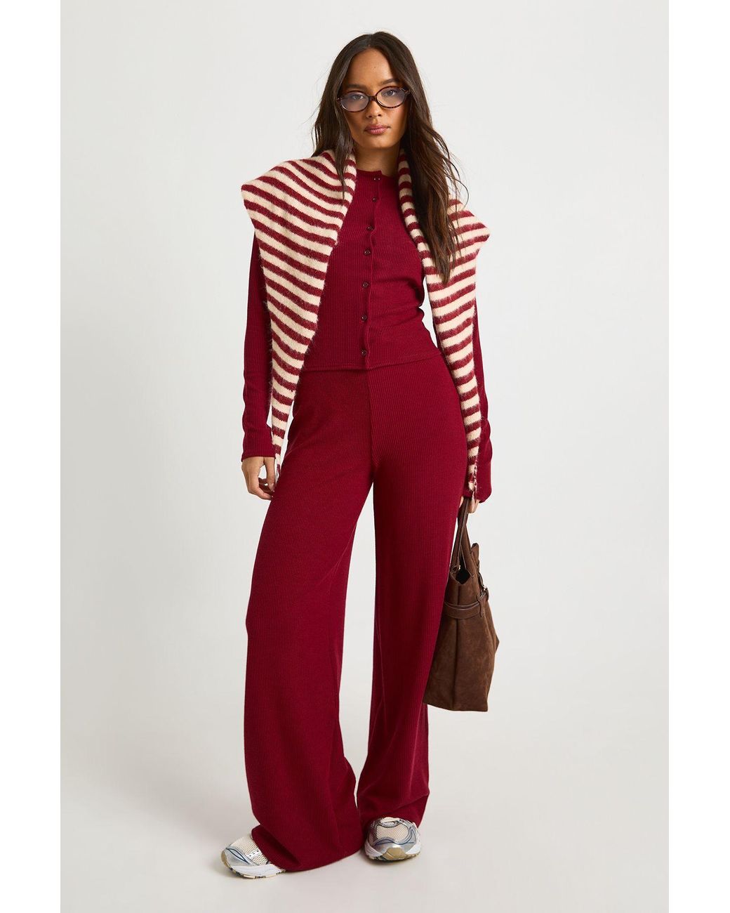 Boohoo Red Rib Button Through Long Sleeve Top And Wide Leg Trouser Co-Ord