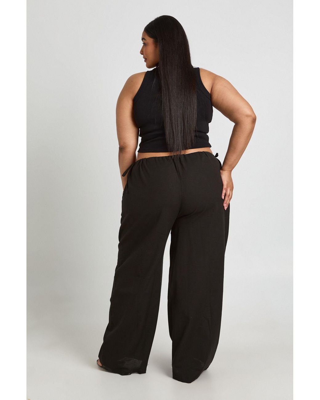 Boohoo Black Plus Linen Tie Side Low Rise Wide Leg Trouser