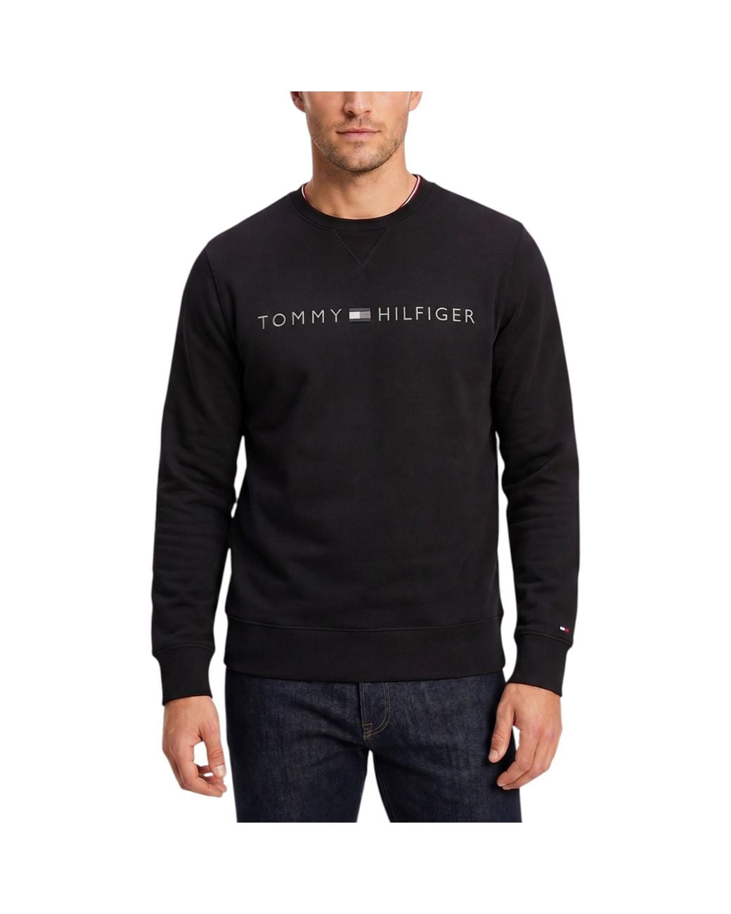 Tommy Hilfiger Black Tommy Fleece Sweatshirts Pullover Embroidered Tonal Logo Jumper for men