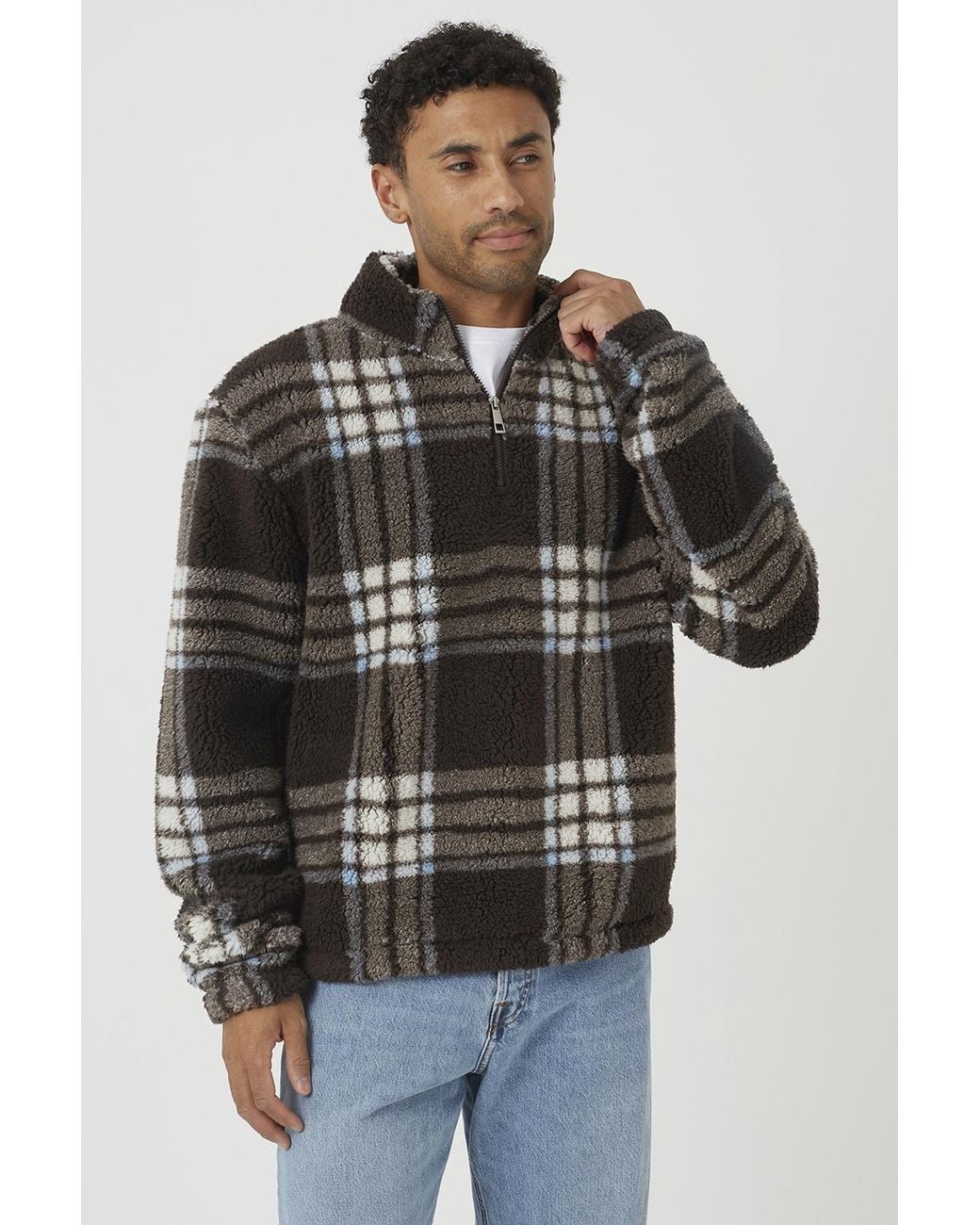 Brave Soul Gray Checked Quarter Zip Borg Fleece for men