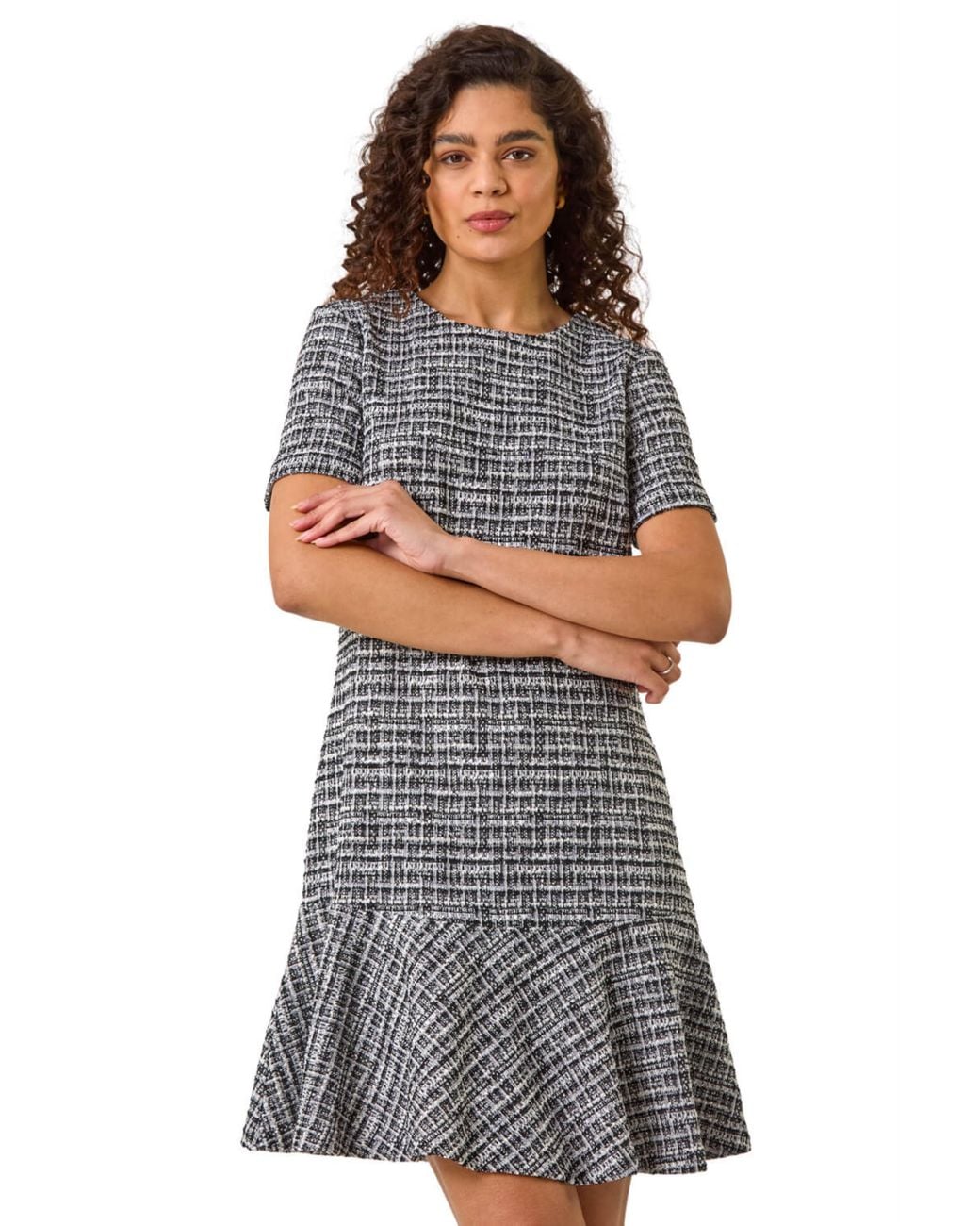 Roman Black Textured Frill Hem Stretch Dress
