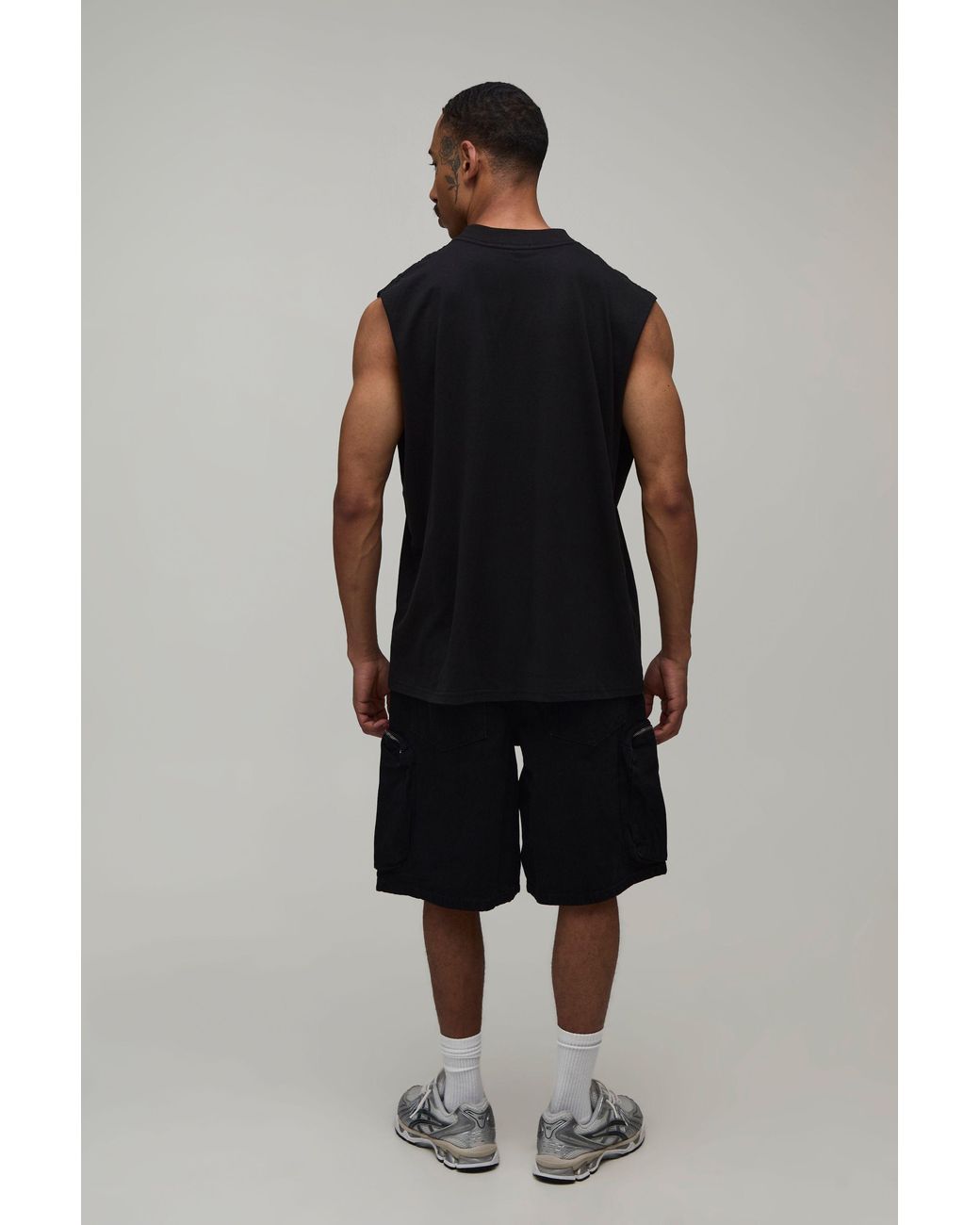 BoohooMAN Black Elasticated Waist Parachute Extended Drawcord Cargo Denim Jorts for men