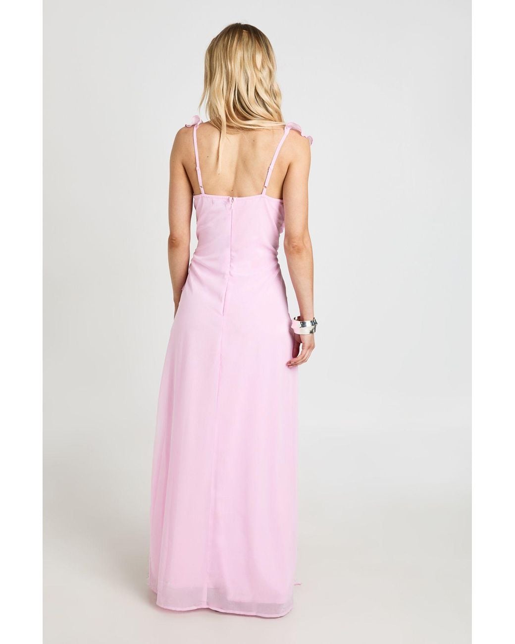 Boohoo Pink Petite Chiffon Ruched Waist Ruffle Detail Maxi Dress