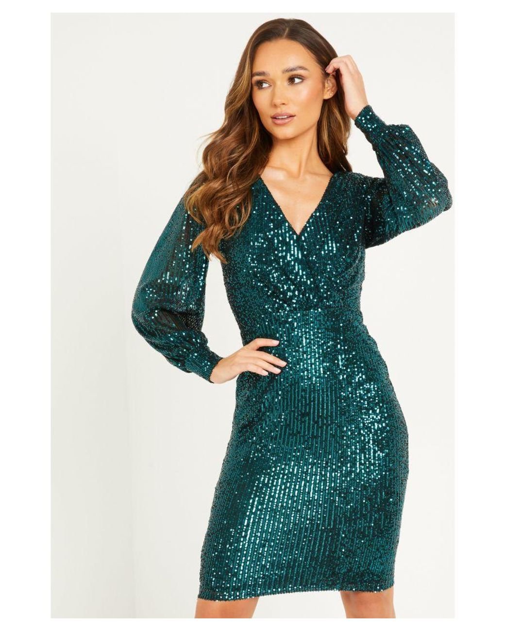 Quiz Sequin Wrap Midi Dress in Green Lyst UK
