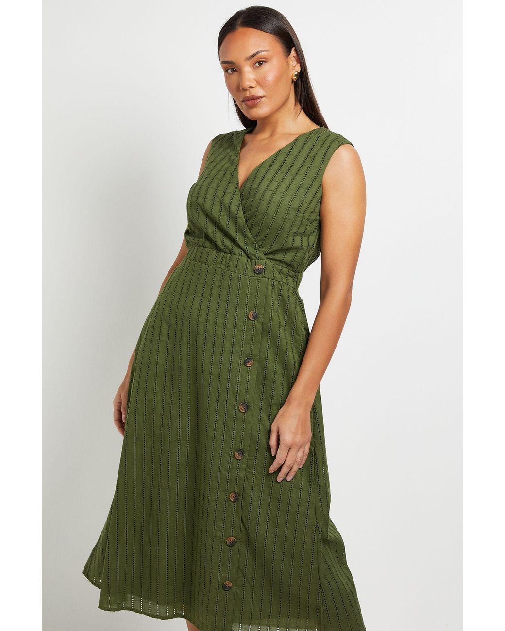 PRINCIPLES Green Wrap Button Detail Broderie Midi Dress