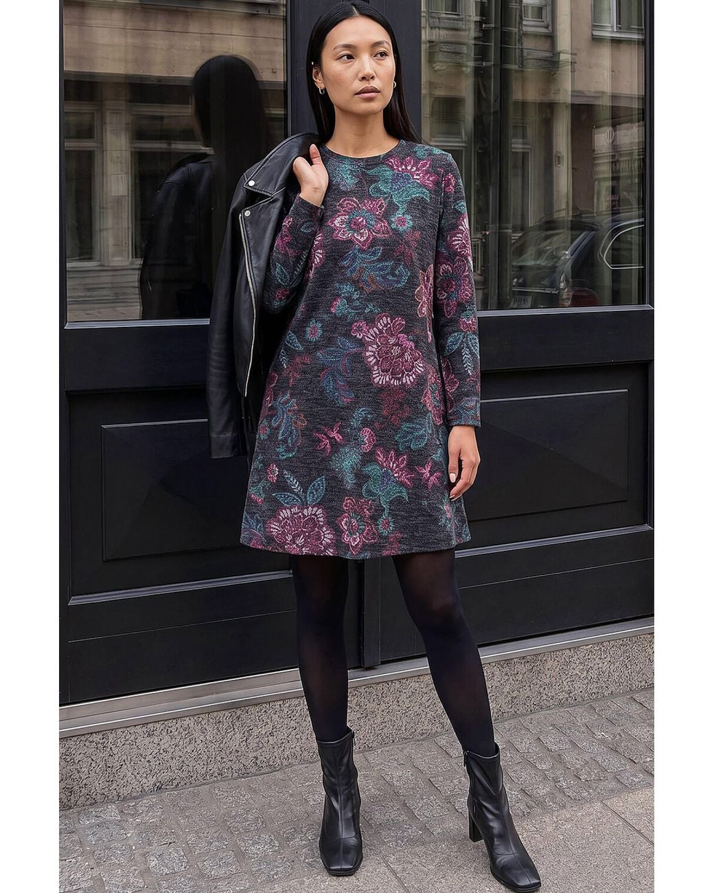 Roman Black Floral Print Swing Dress