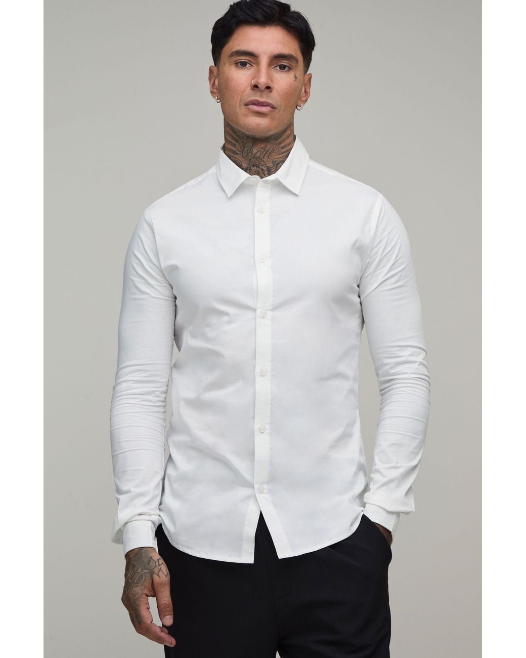 BoohooMAN White Tall Muscle Fit Long Sleeve Shirt for men