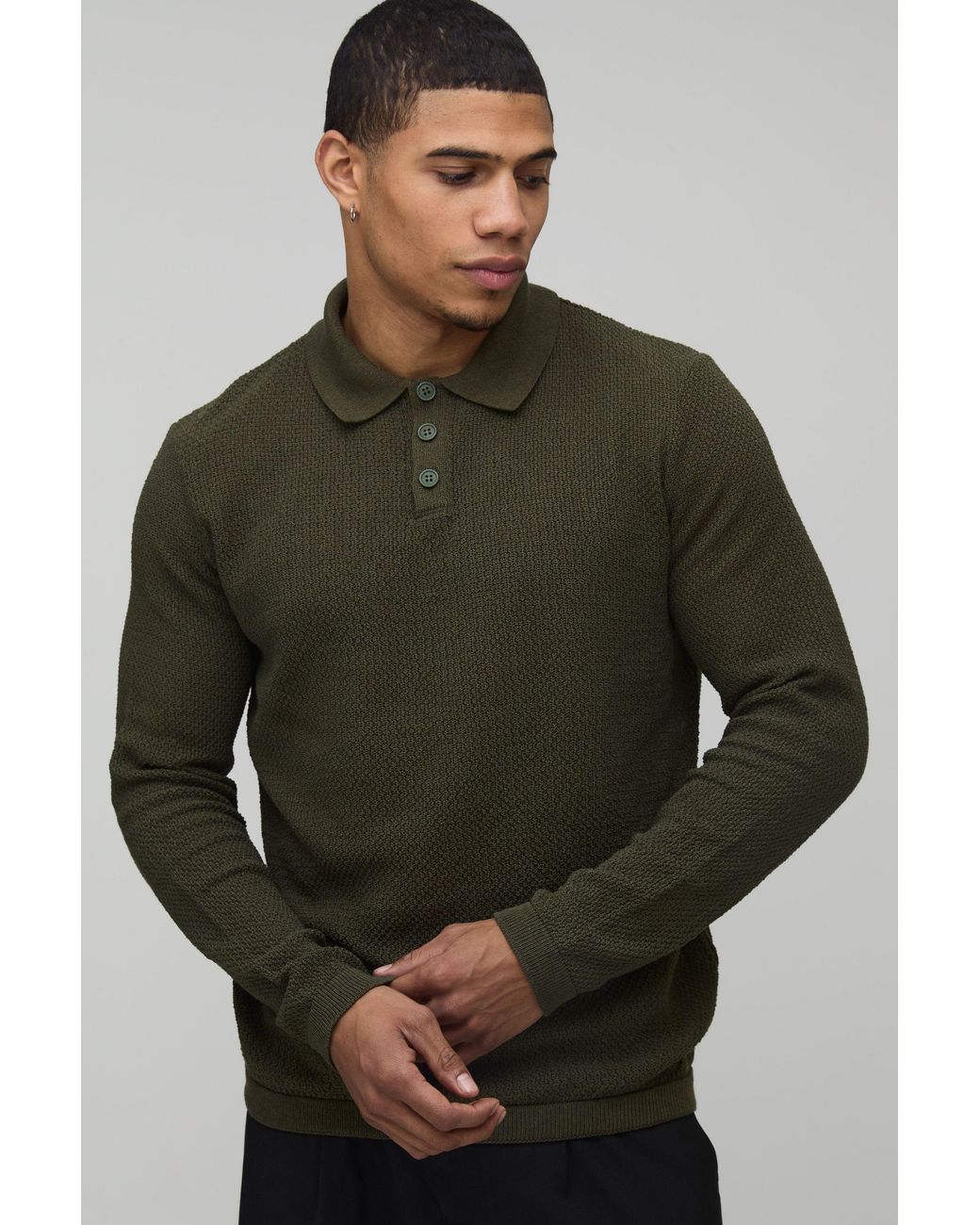 BoohooMAN Green Regular Fit Long Sleeve Textured Knitted Polo for men
