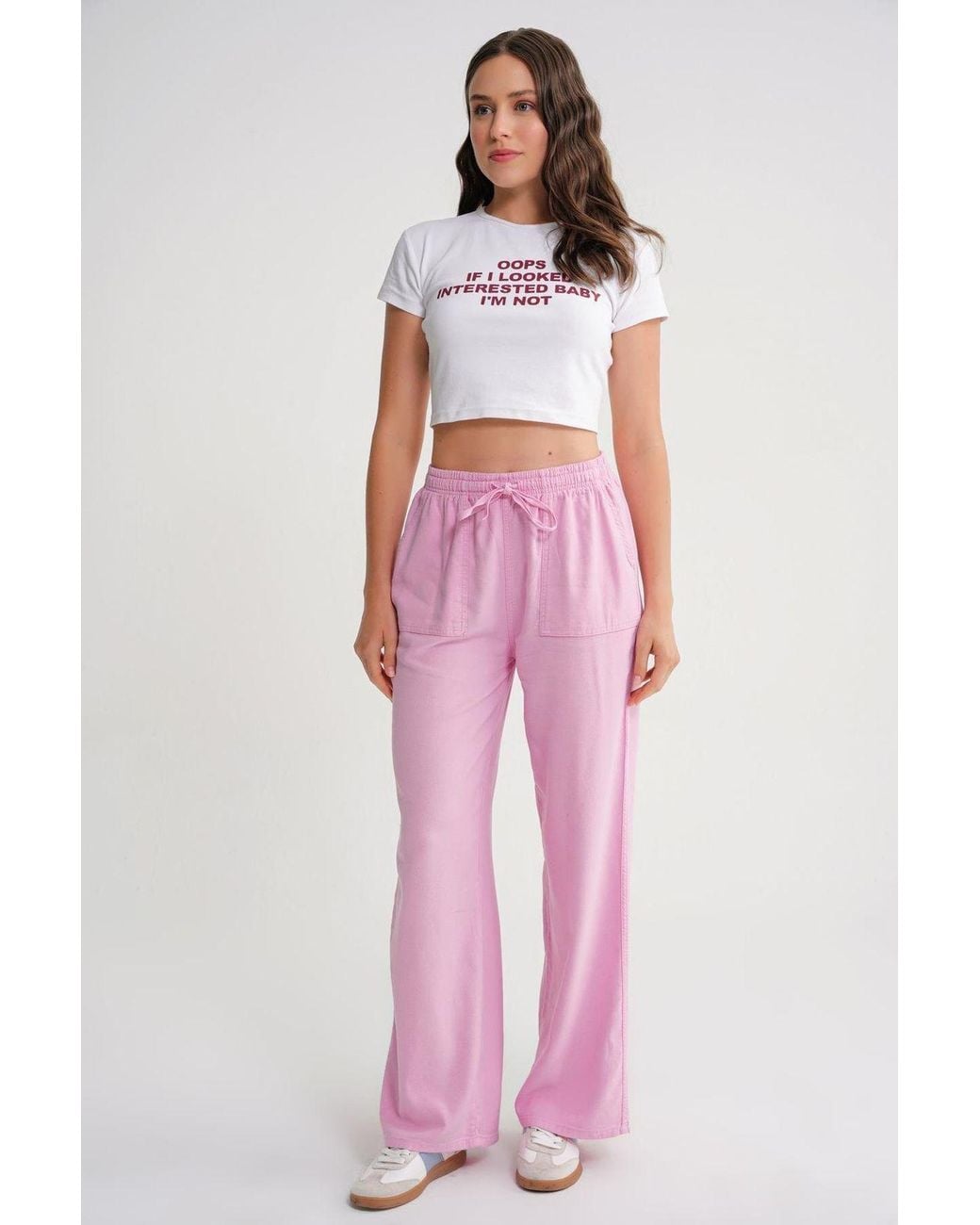 MixRay Pink Mid Waist Straight Leg Cotton Pants With Tie Closure