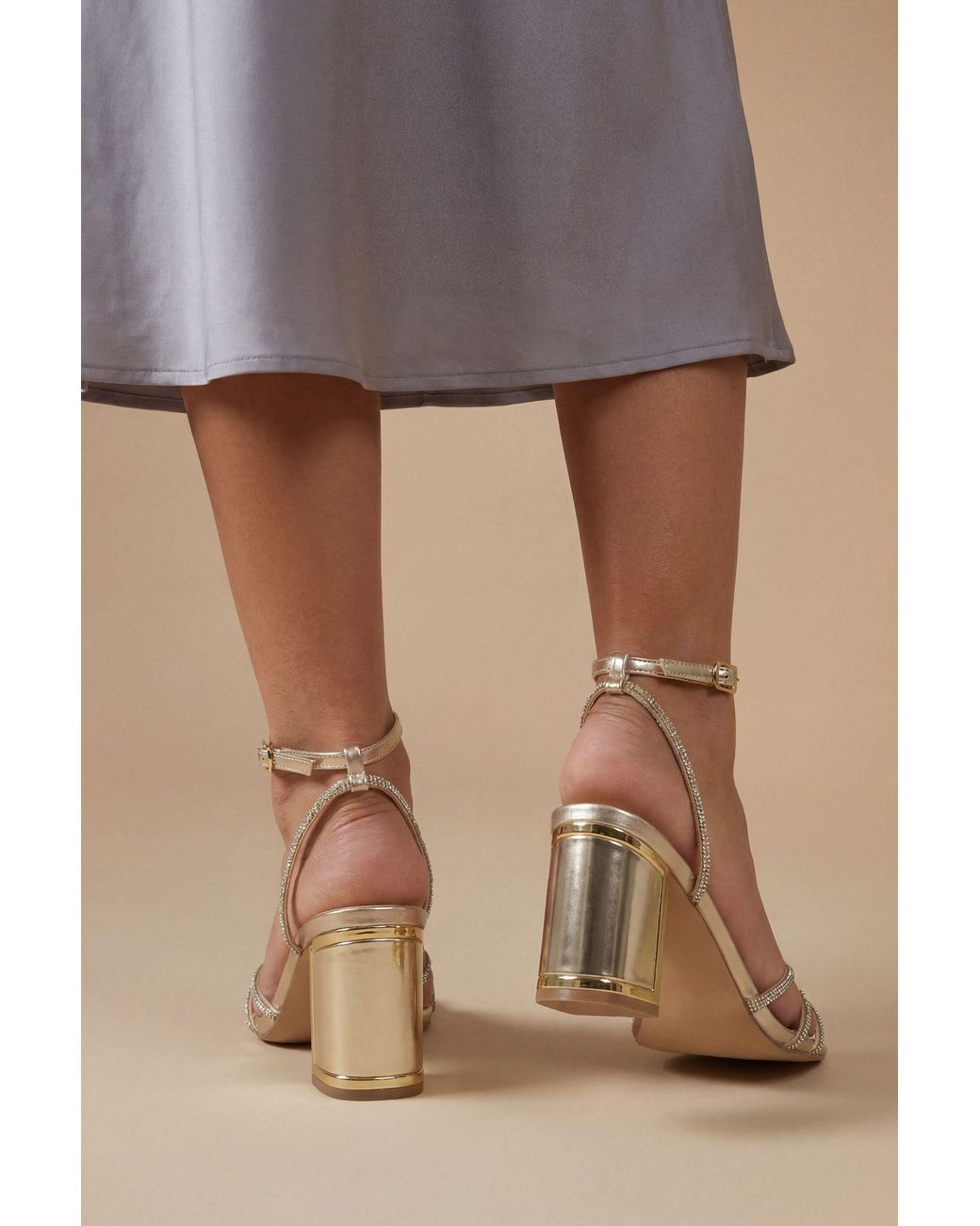 Oasis Brown Tabs Faux Metallic Leather Strappy High Block Heel Sandals
