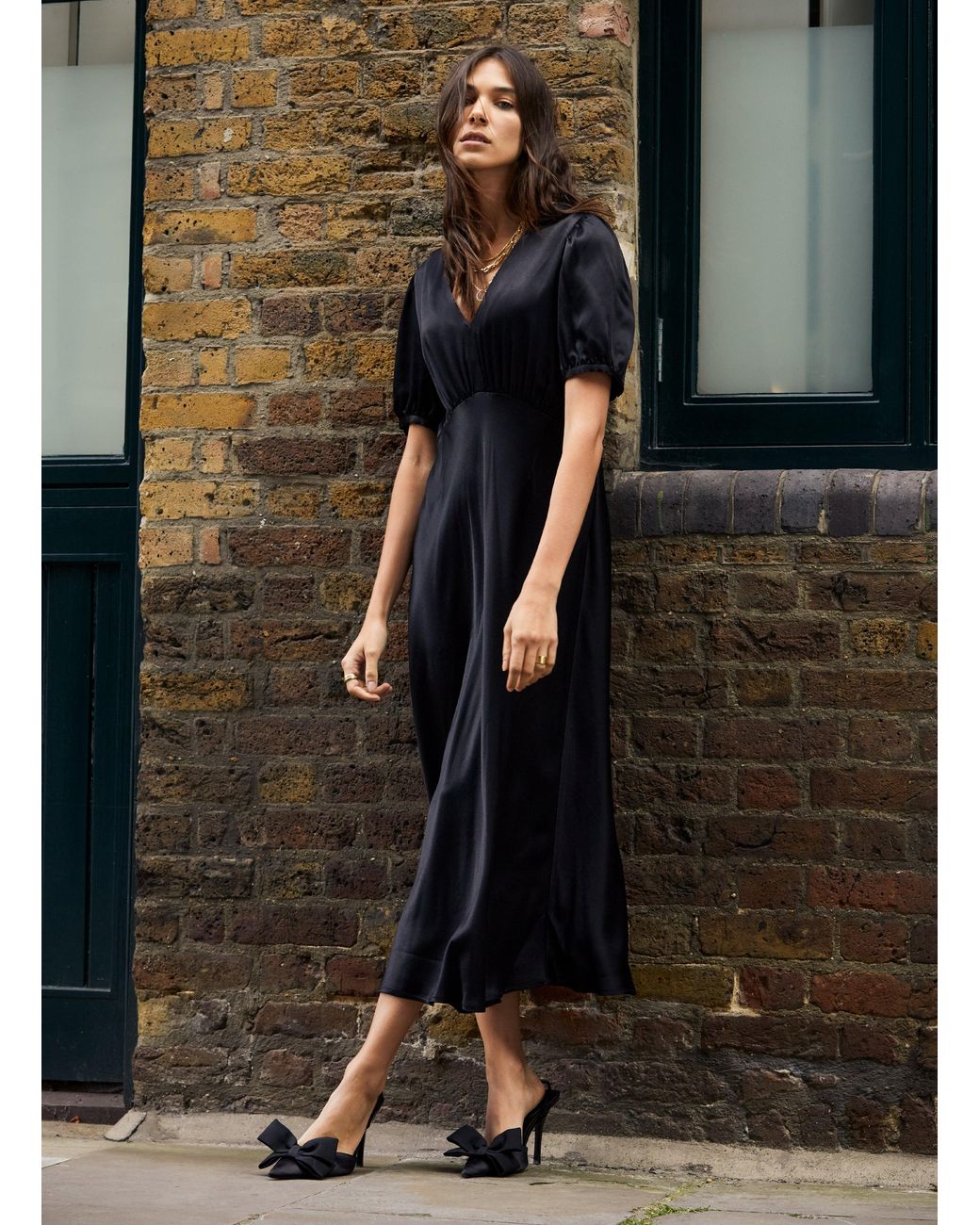 Baukjen Black Cathy Satin V-Neck Midi Dress