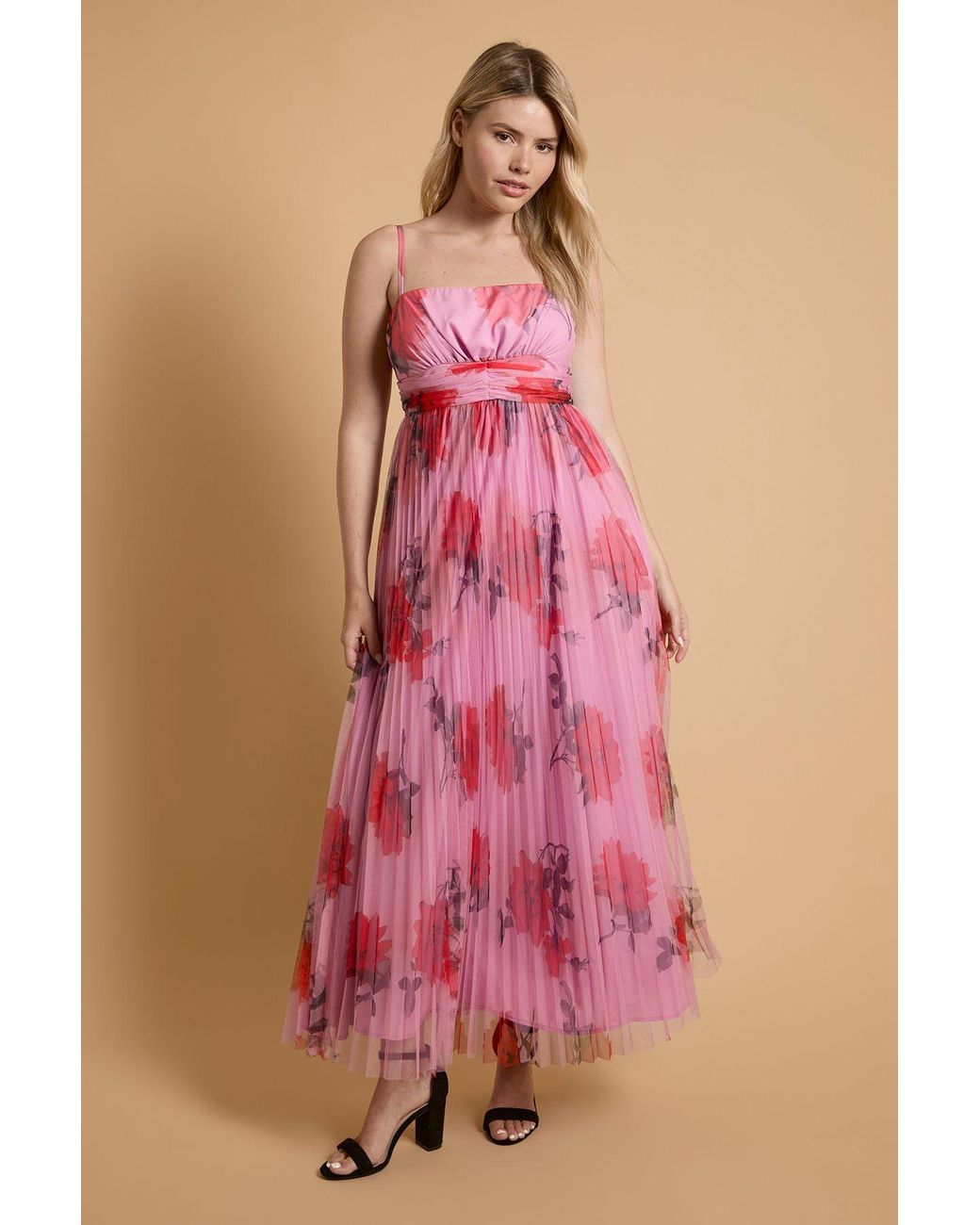 Oasis Pink Pleated Mesh Maxi Dress