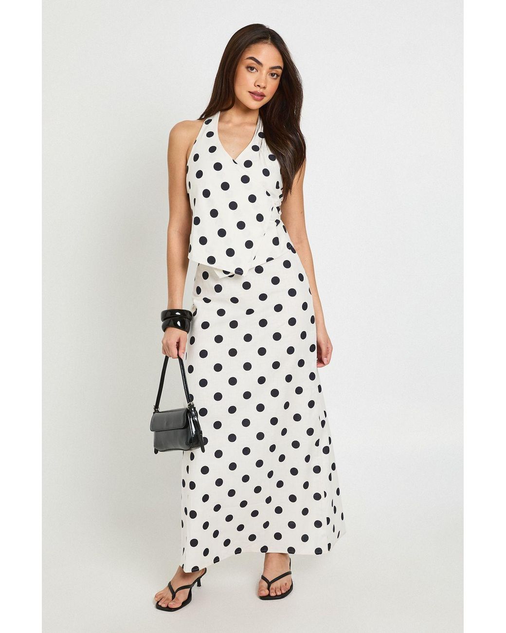 Boohoo White Polka Dot Linen Look Low Rise Maxi Skirt