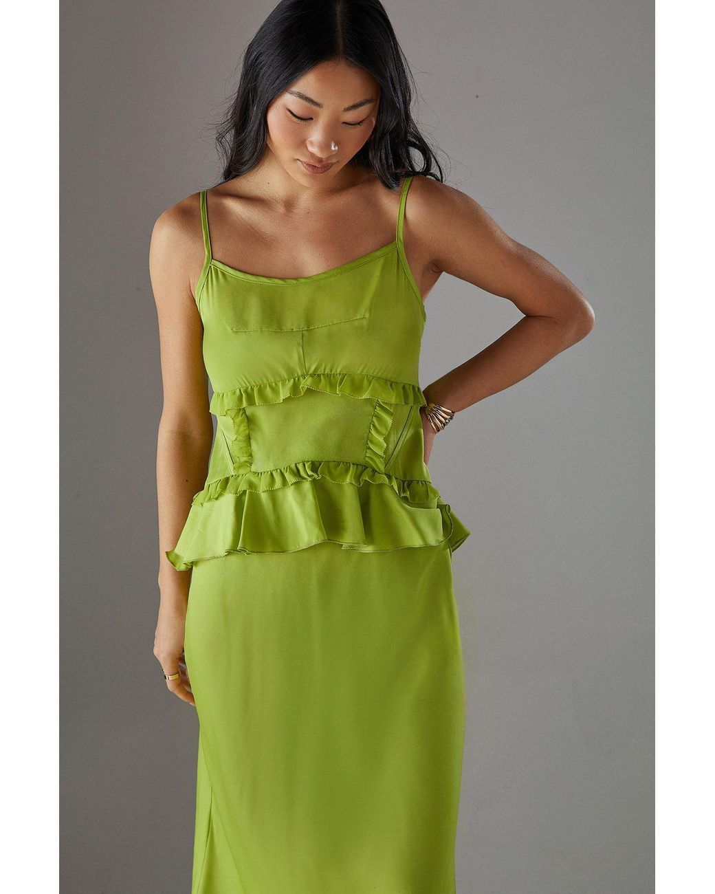 Warehouse Green Petite Satin Strappy Seam Detail Peplum Midi Dress