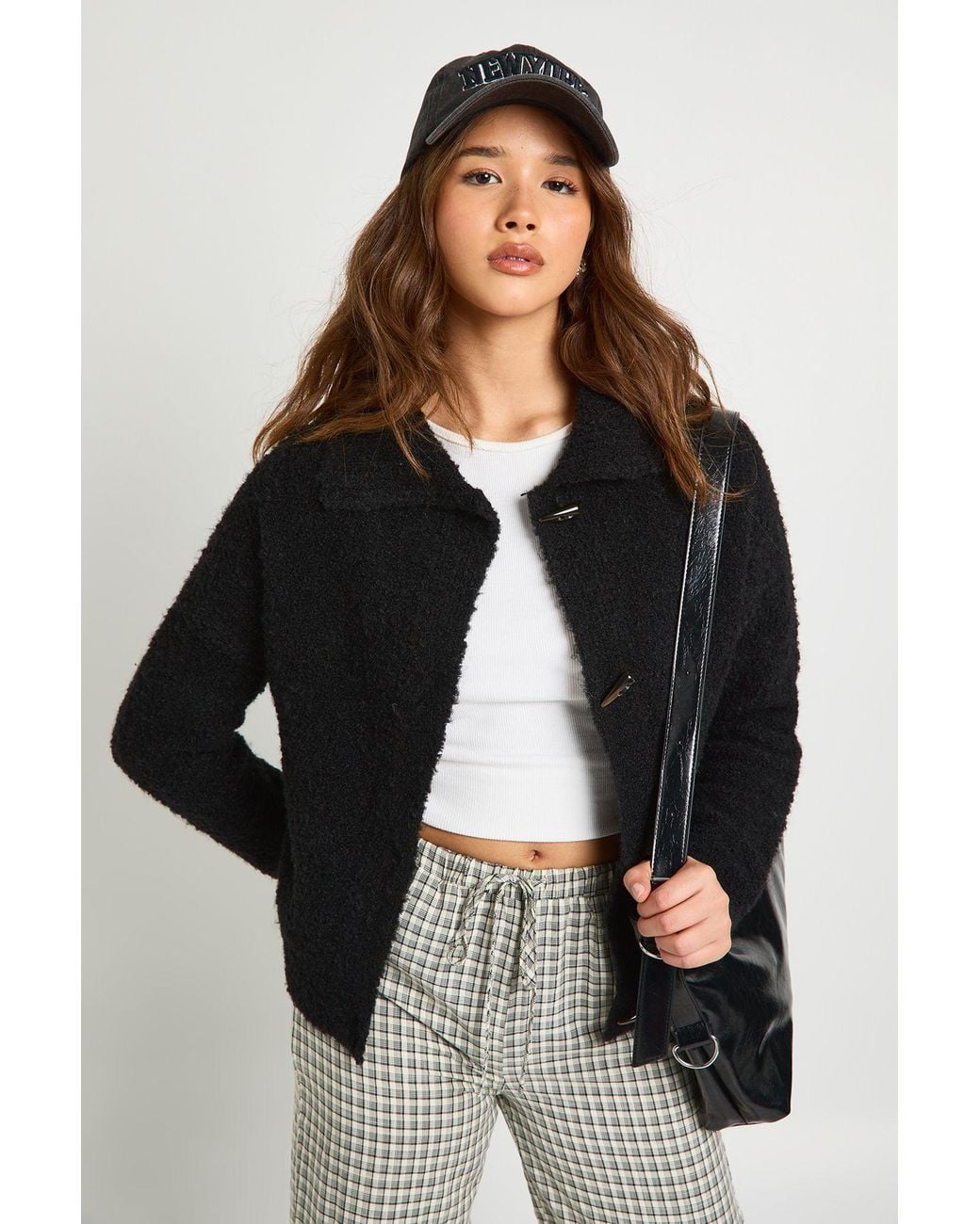 Boohoo Black Boucle Knit Toggle Button Oversized Jumper