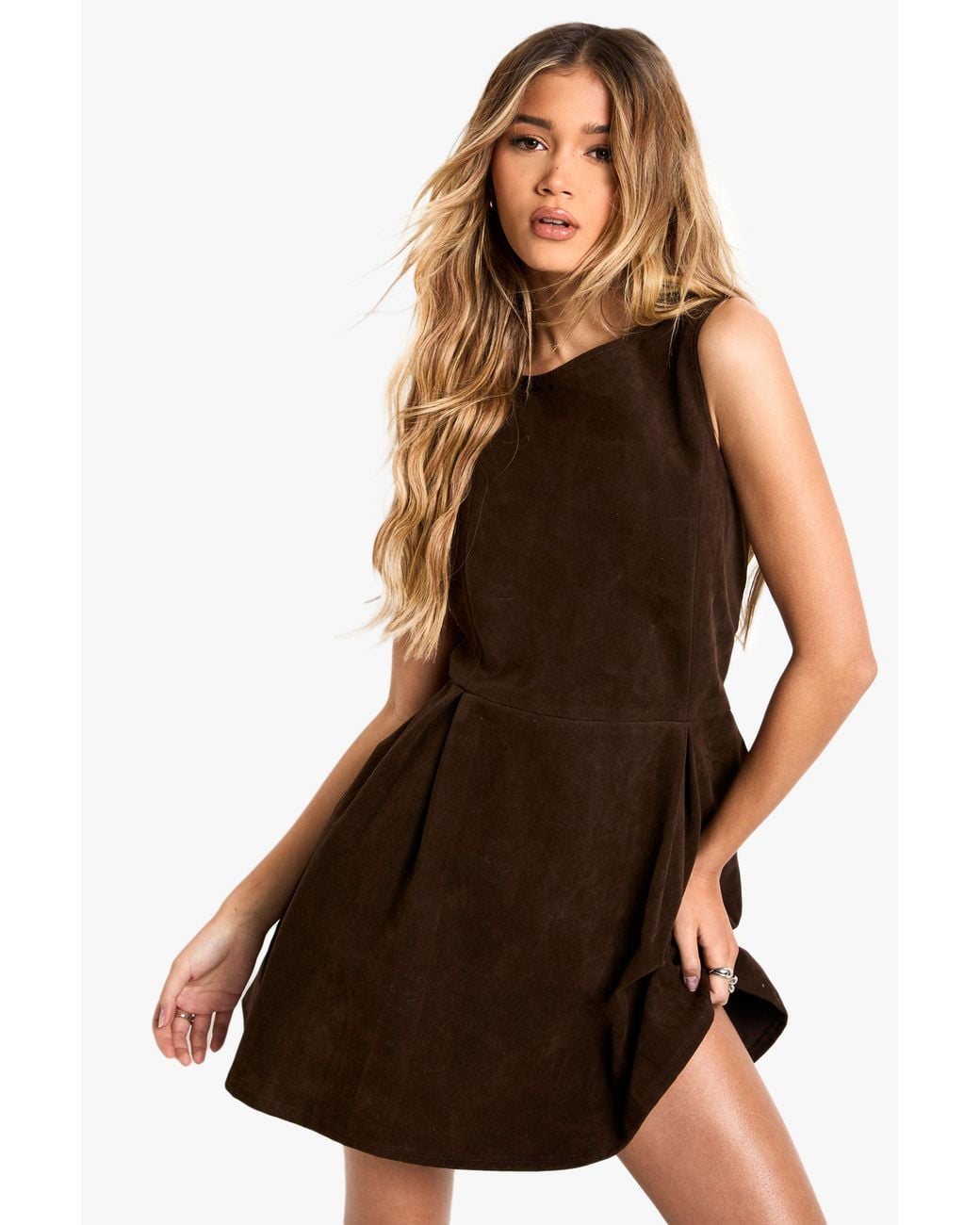 Boohoo Brown Suede Box Pleat Mini Dress