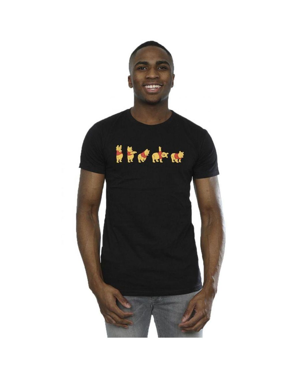 Disney Black Winnie The Pooh Stretching T-Shirt Cotton for men