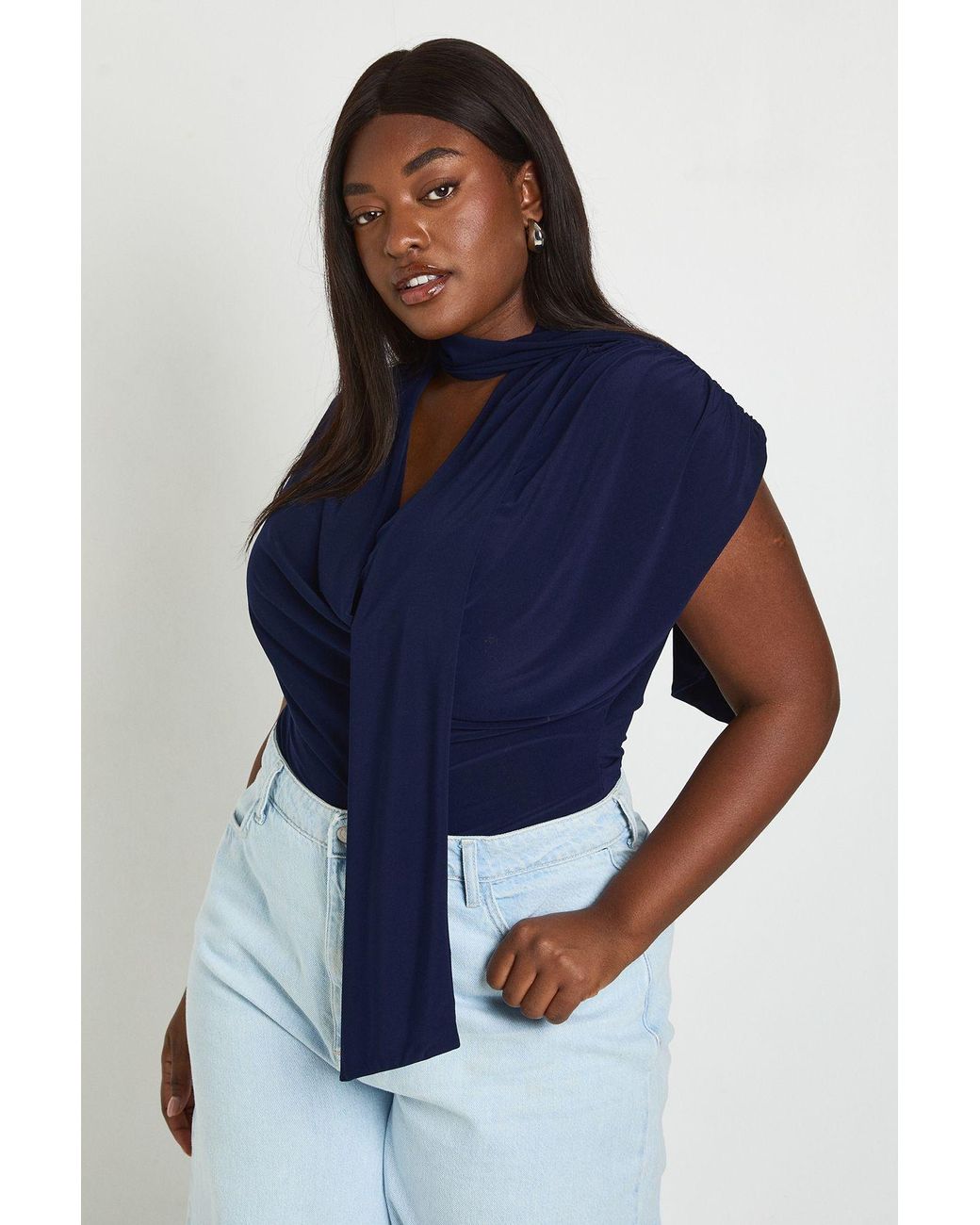 Boohoo Blue Plus Double Layer Slinky Scarf Detail Ruched Shoulder Bodysuit